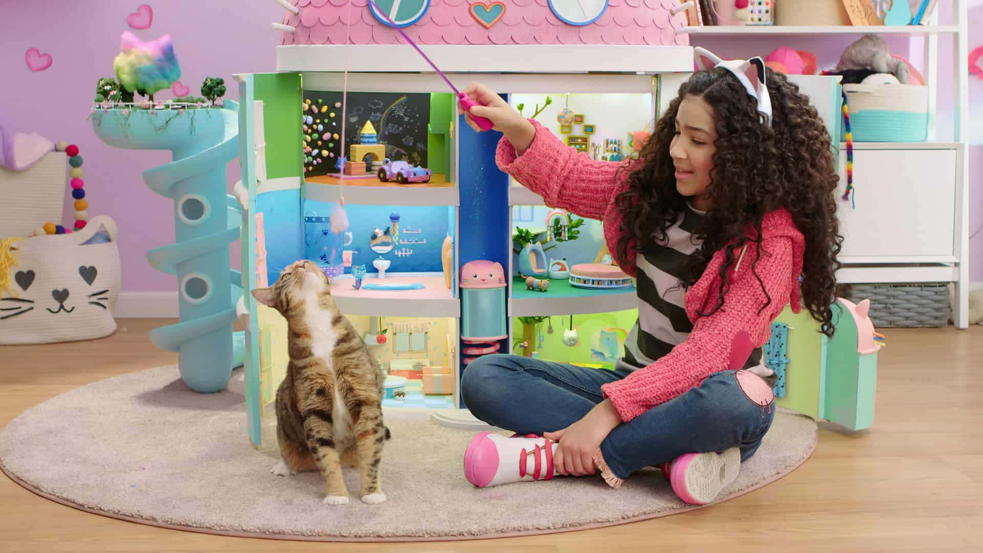 Gabby Dollhouse, tabby cat, pink sweater, Full HD Desktop Wallpaper
