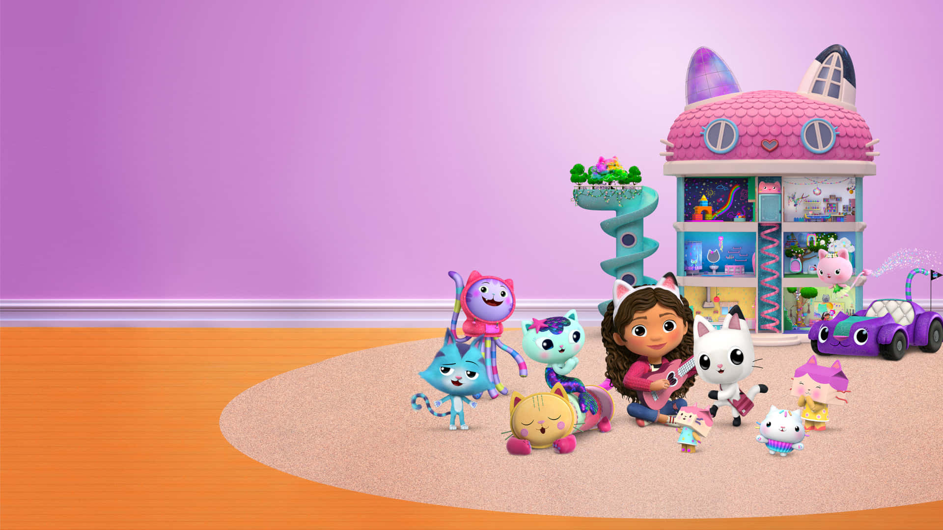 Gabby Dollhouse, pink cat-themed playhouse, colorful cartoon cats, Full HD Desktop Wallpaper
