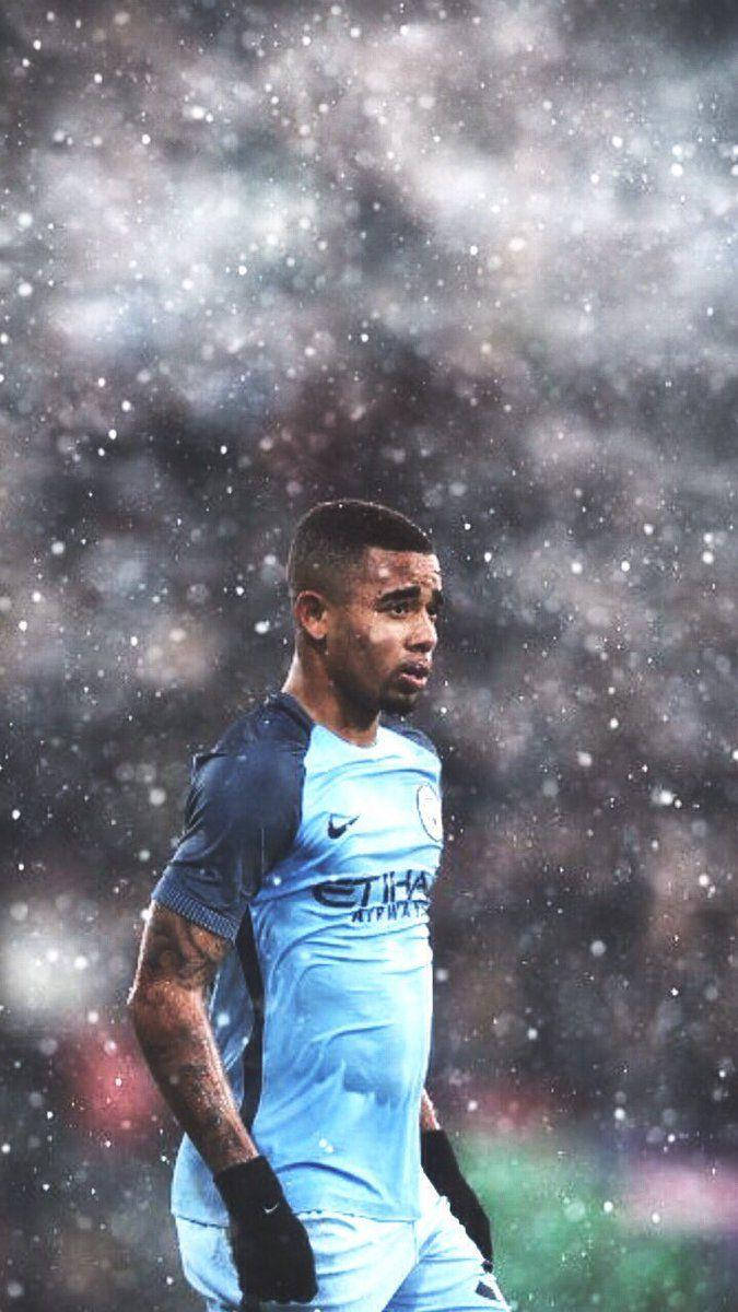 Gabriel Jesus, light blue jersey, heavy rain, SD Phone Wallpaper