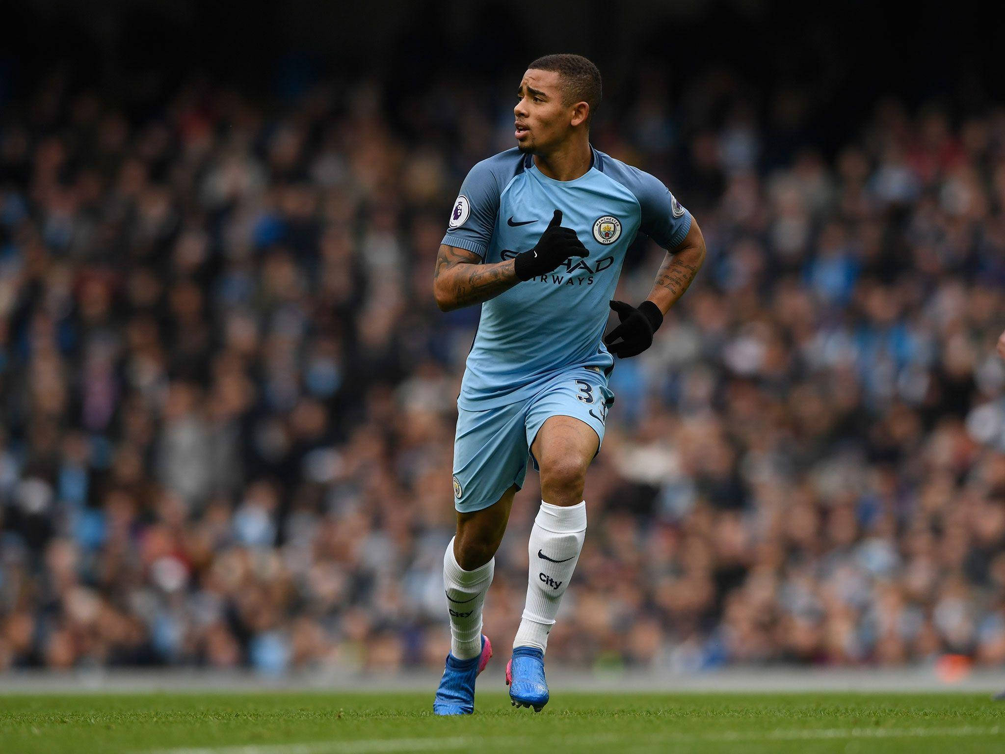 Gabriel Jesus, light blue kit, green pitch, Full HD Desktop Wallpaper