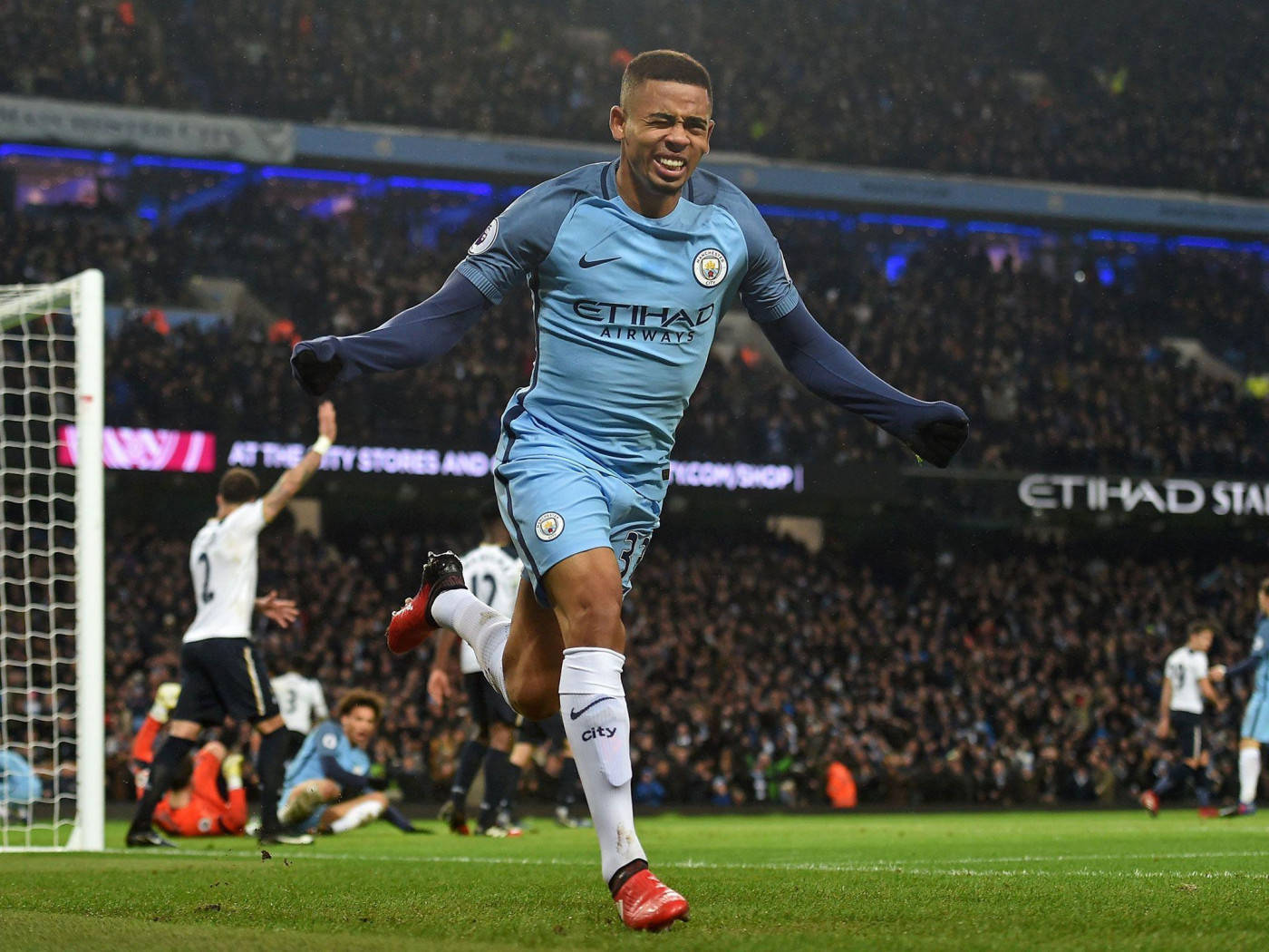 Gabriel Jesus, light blue Manchester City kit, stadium pitch, HD Desktop Wallpaper
