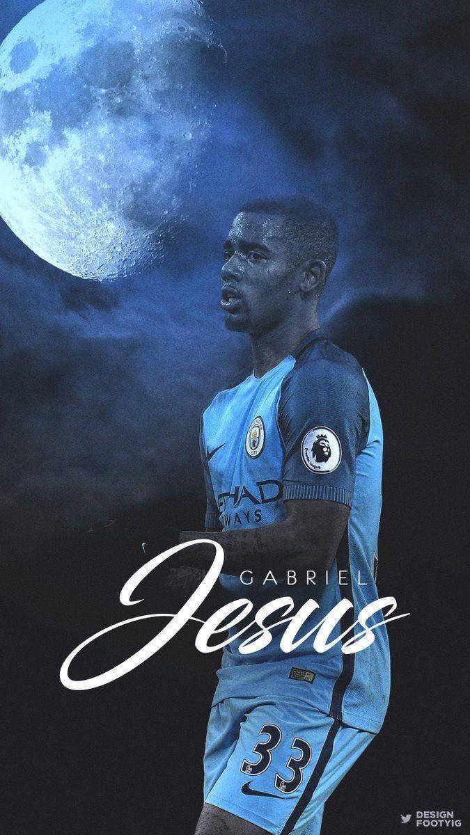 Gabriel Jesus, blue jersey, giant moonlit sky, SD Phone Wallpaper