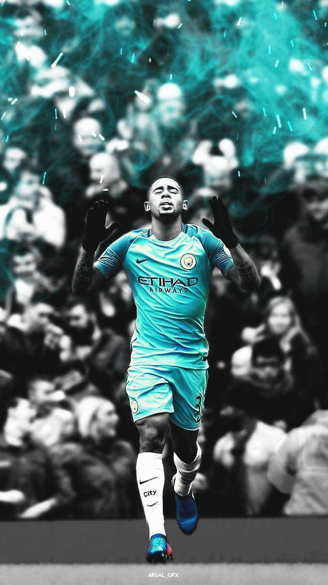 Gabriel Jesus, teal Manchester City kit, rain, SD Phone Wallpaper