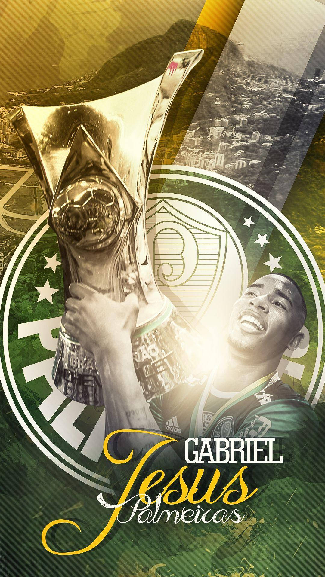 Gabriel Jesus, golden trophy, vibrant green and gold backdrop, Full HD Phone Wallpaper