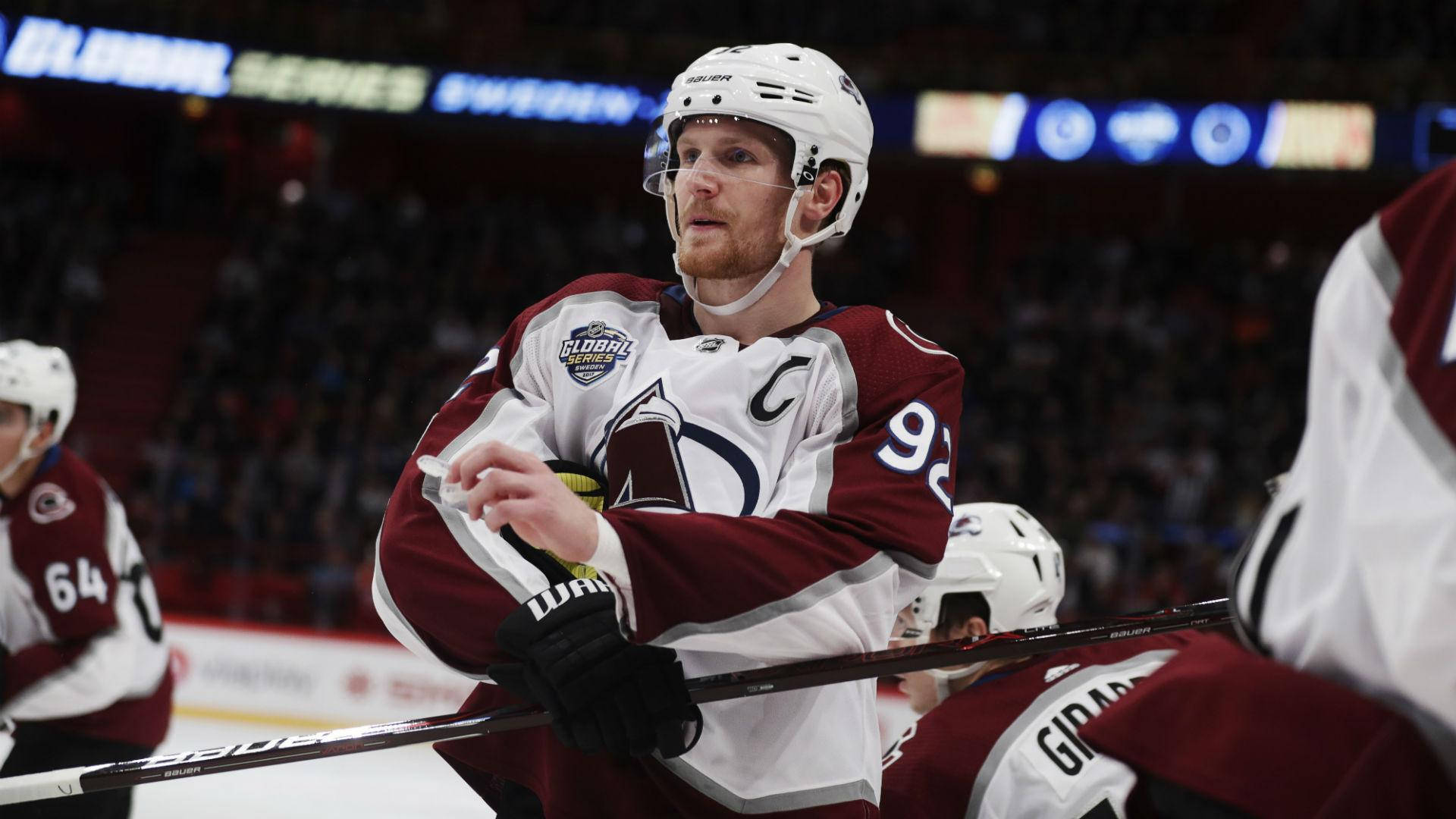 Gabriel Landeskog, maroon and white uniform, arena lights, Full HD Desktop Wallpaper