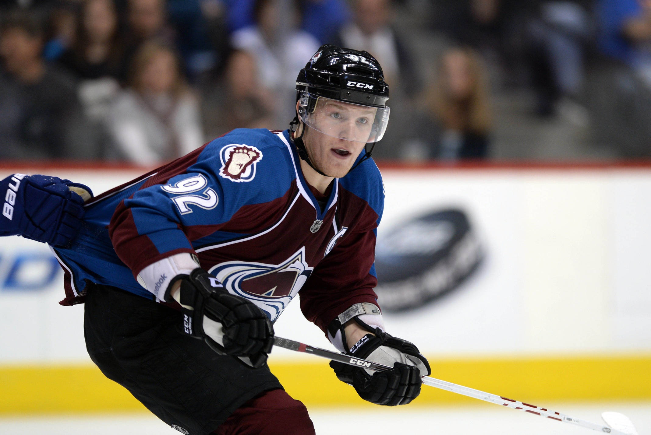 Gabriel Landeskog, blue and maroon jersey, skating with stick, Full HD Desktop Wallpaper