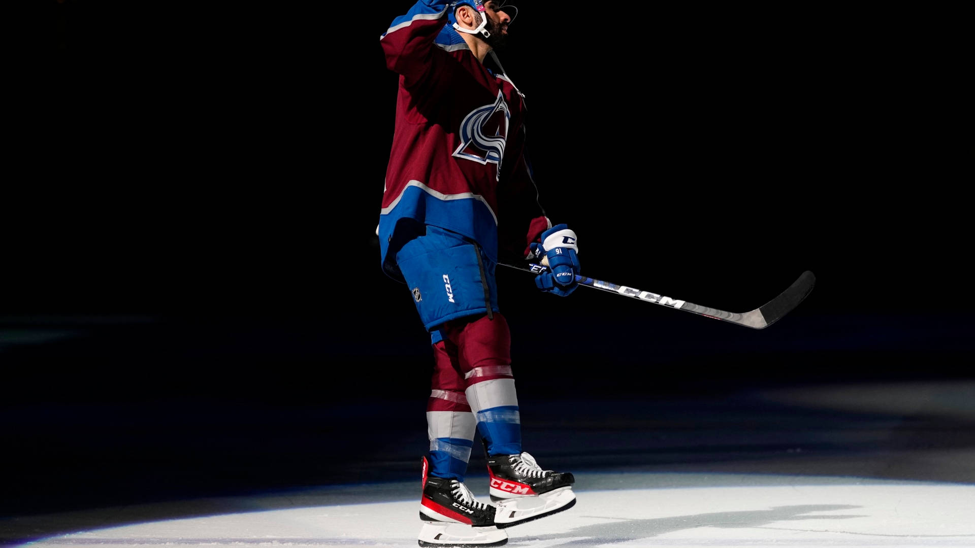 Gabriel Landeskog, maroon and blue gear, ice, Full HD Desktop Wallpaper