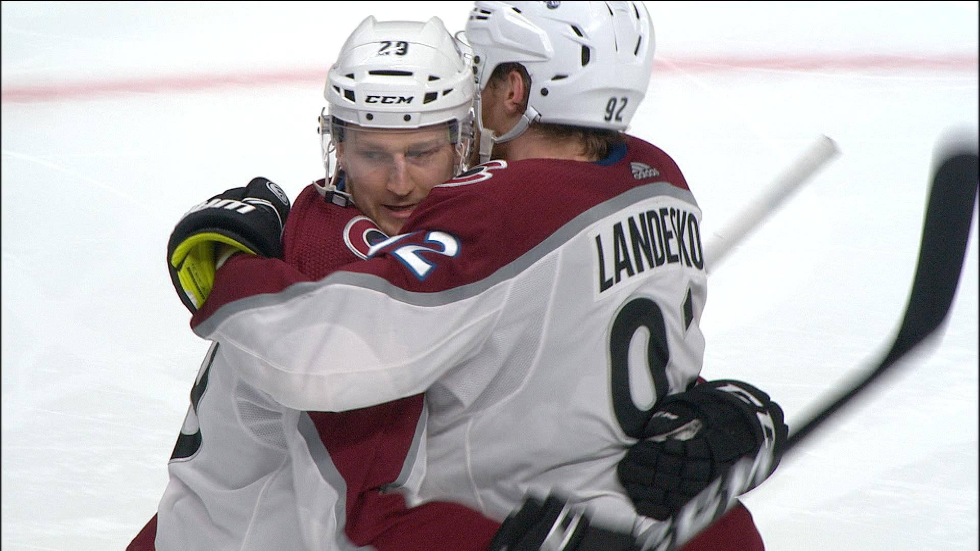 Gabriel Landeskog, maroon and white jerseys, ice rink, Full HD Desktop Wallpaper