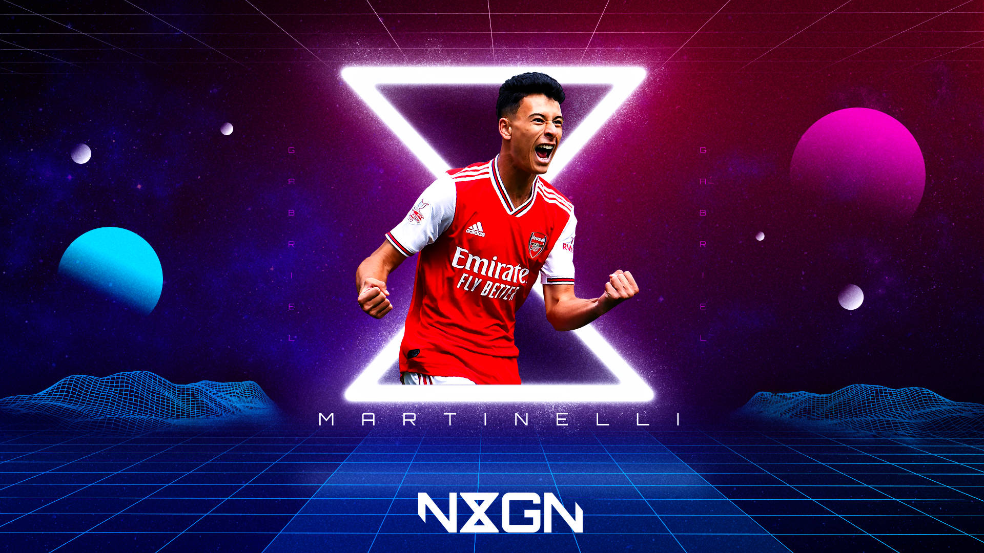 Gabriel Martinelli, red Arsenal jersey, vibrant retro-futuristic space backdrop, Full HD Desktop Wallpaper