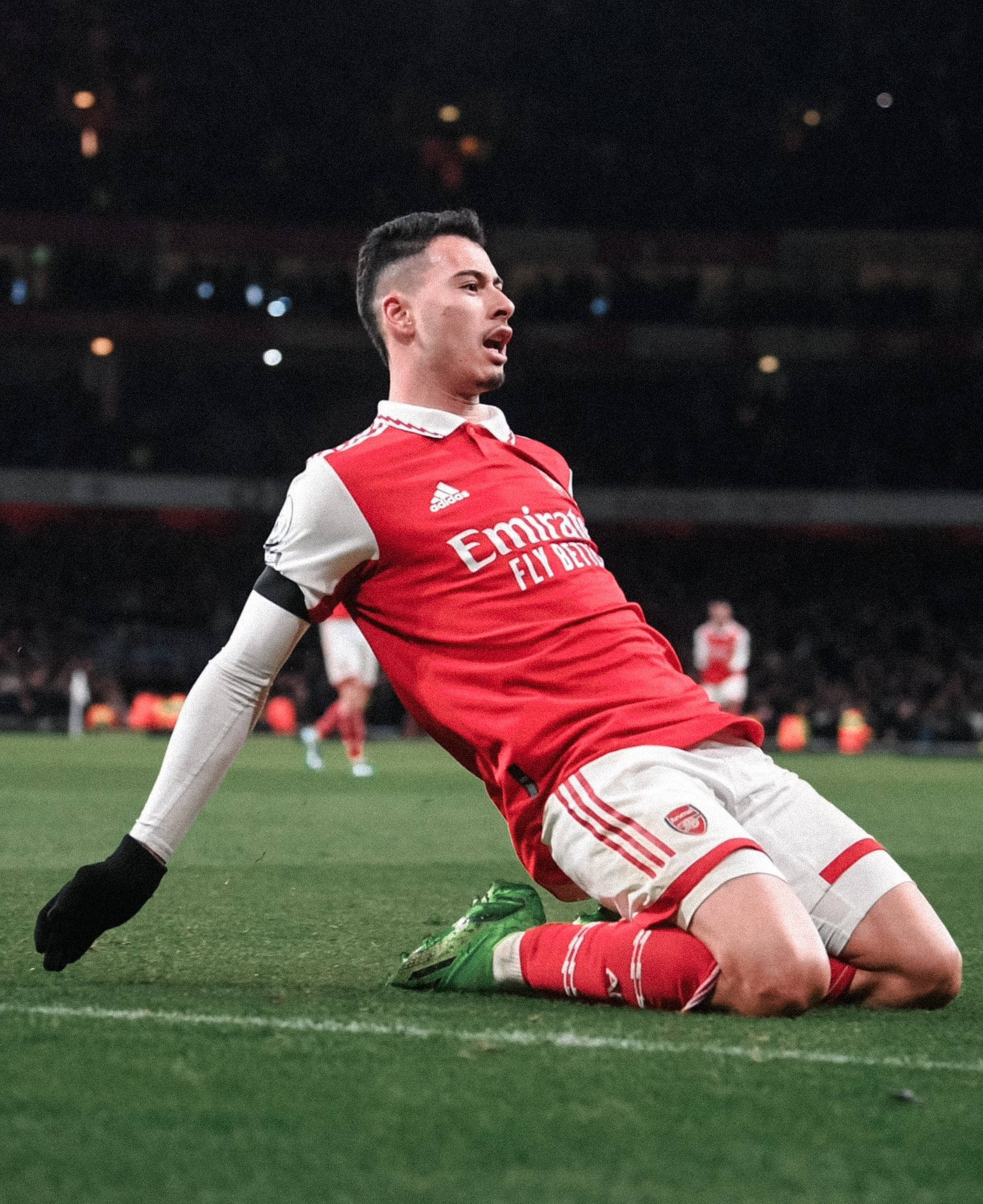 Gabriel Martinelli, red and white kit, stadium lights, Full HD Phone Wallpaper