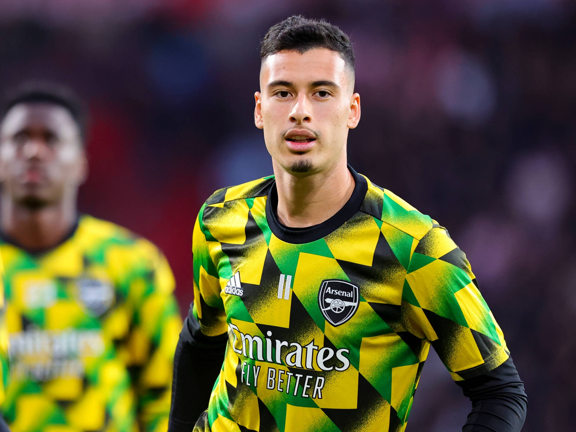 Gabriel Martinelli, yellow green Arsenal jersey, vibrant green and yellow checkered, Full HD Desktop Wallpaper