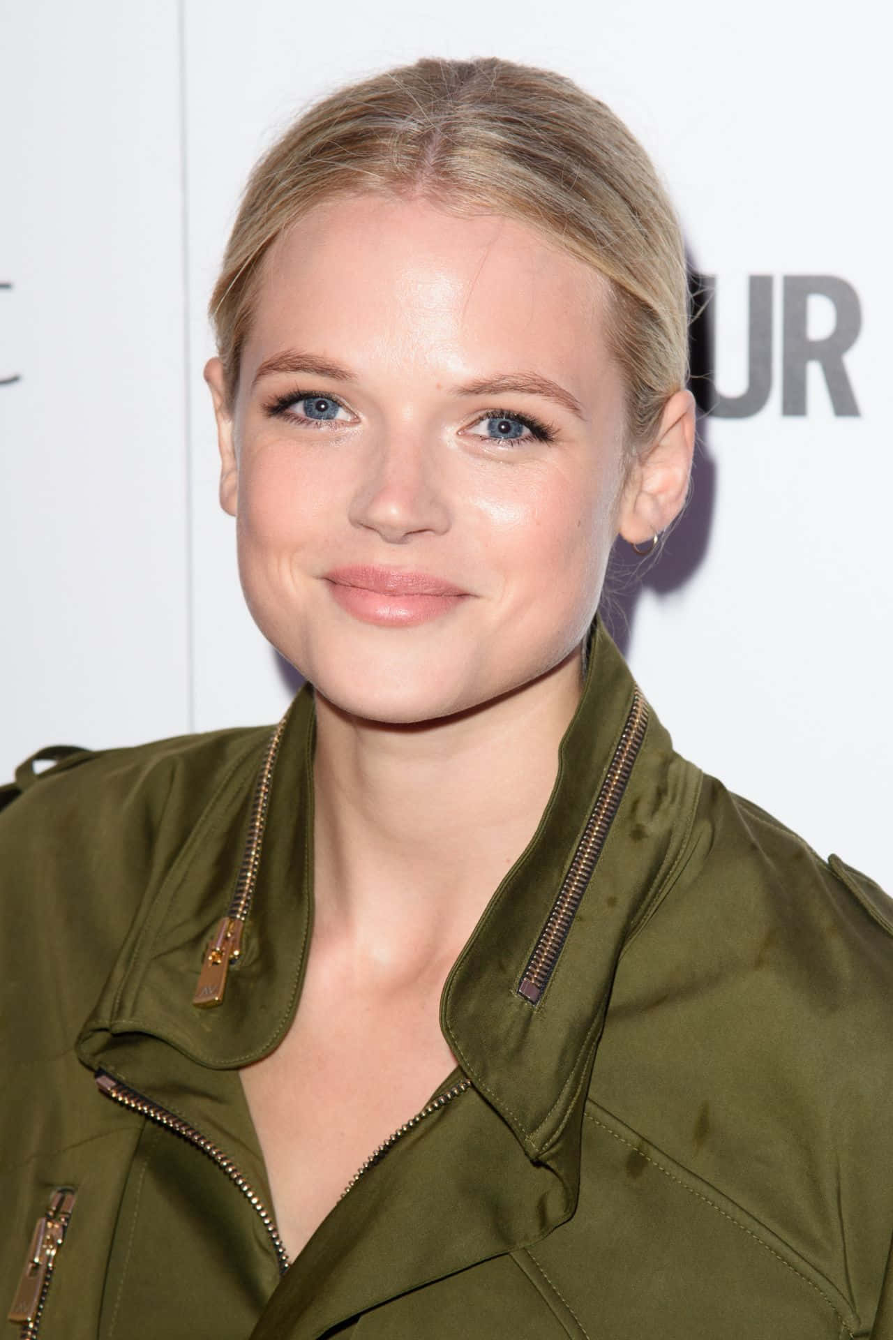 Gabriella Wilde, olive green jacket, blue eyes, Full HD Phone Wallpaper