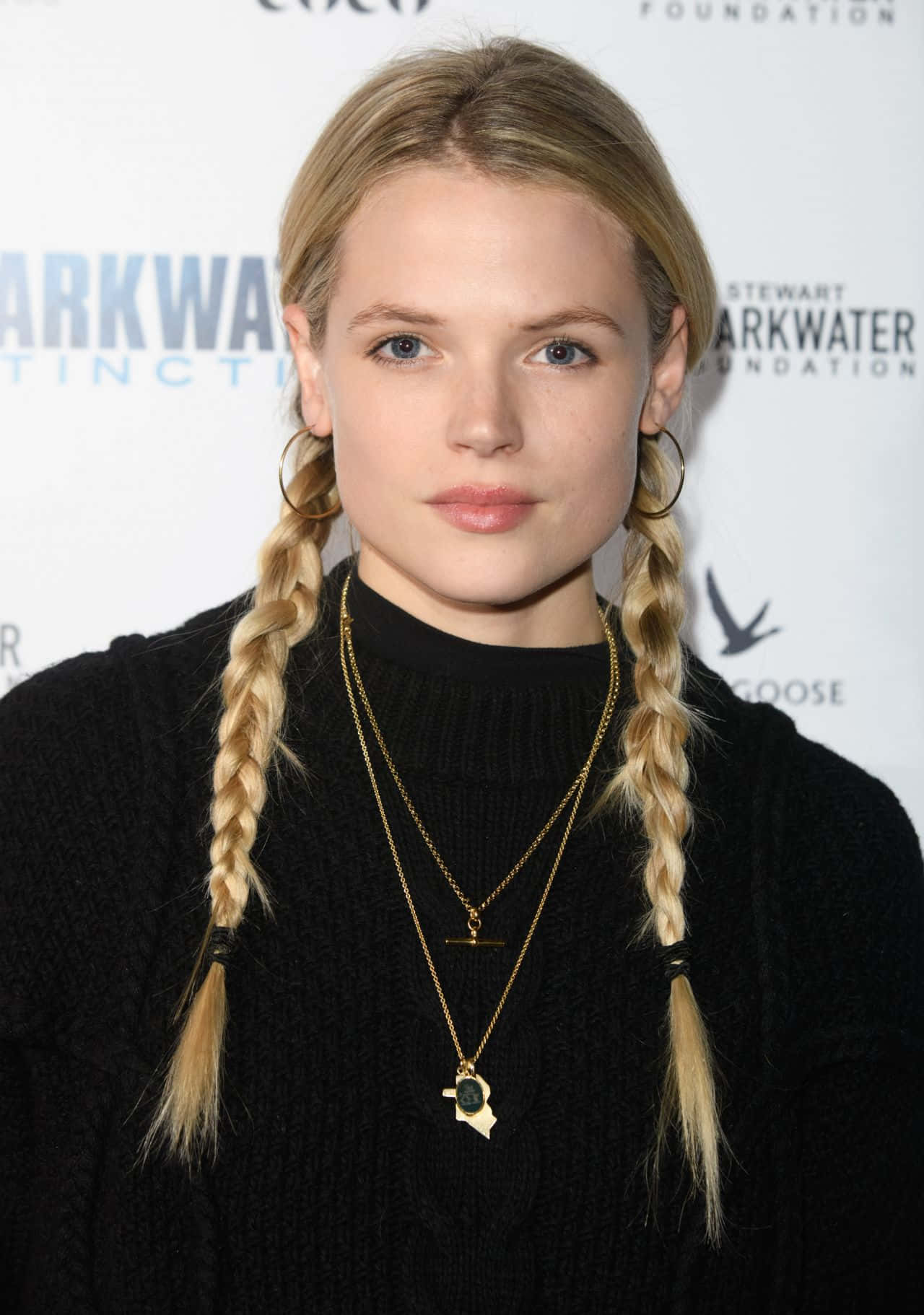 Gabriella Wilde, black sweater, blonde braids, HD Phone Wallpaper