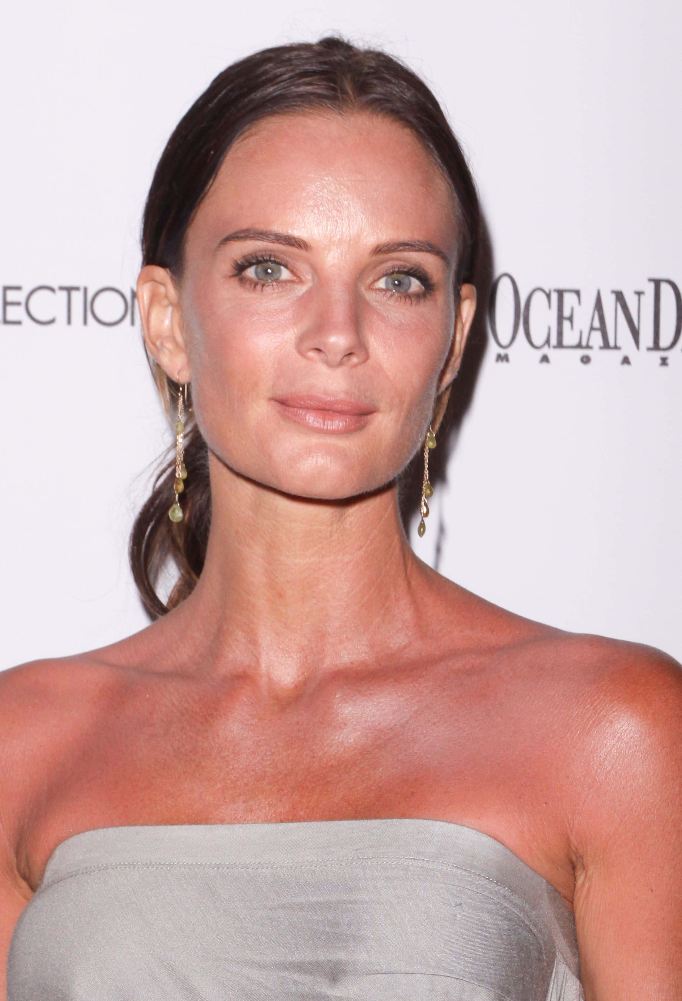 Gabrielle Anwar, dark hair, strapless gray dress, 2K Phone Wallpaper