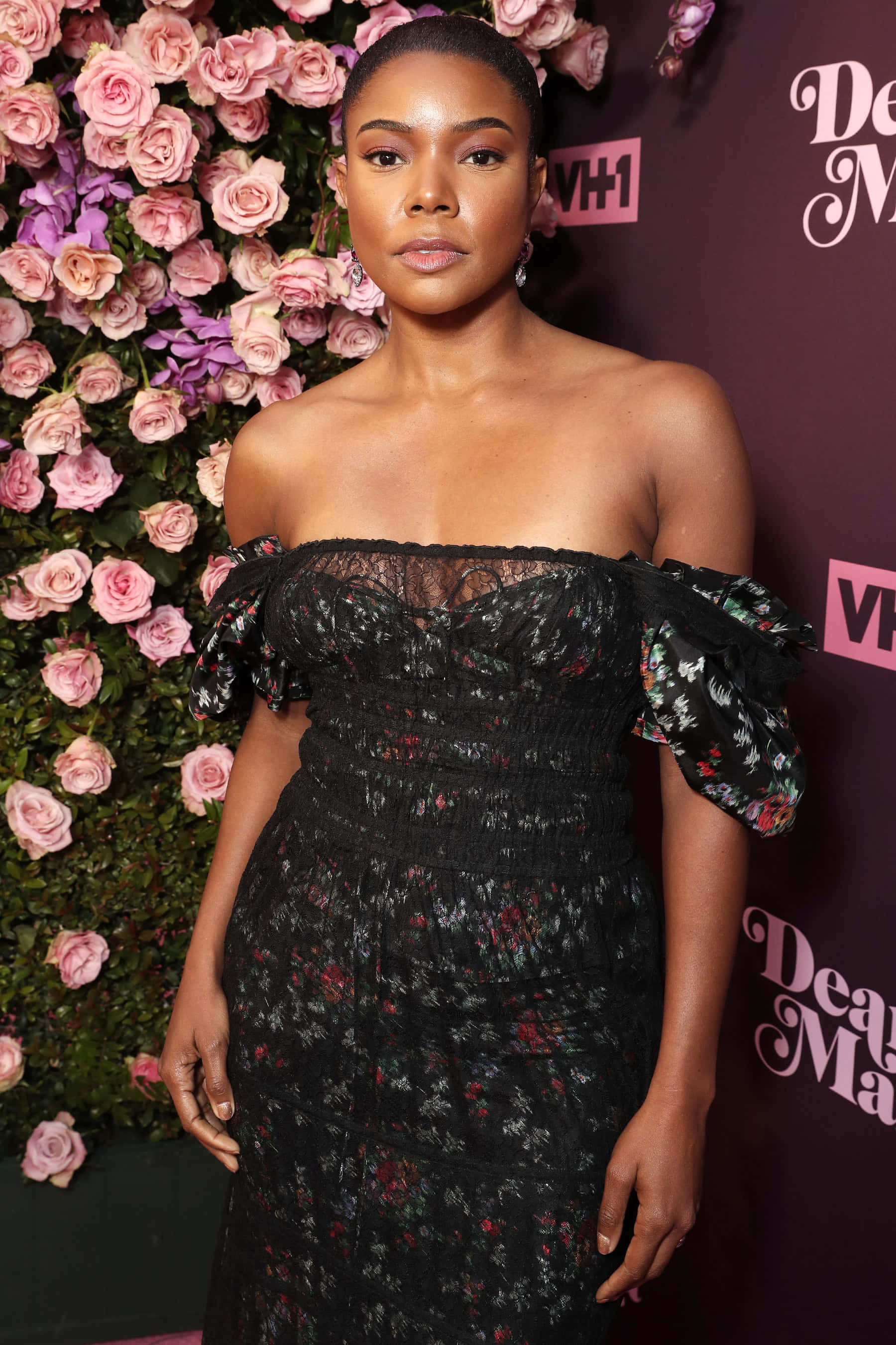 Gabrielle Union, black floral off-shoulder dress, pink and purple roses, 2K Phone Wallpaper
