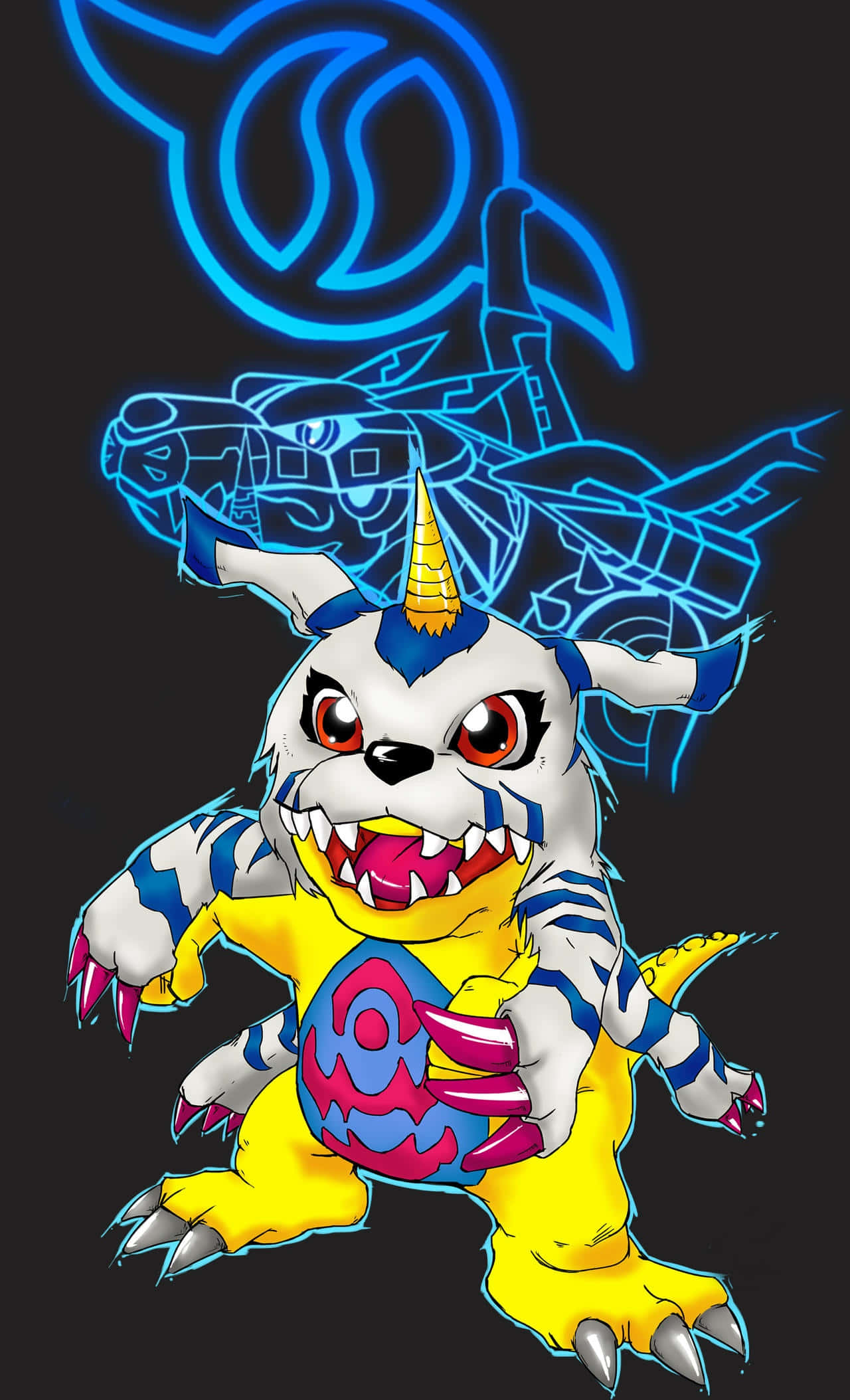 Gabumon, blue blaster attack, neon blue outlines, Full HD Phone Wallpaper