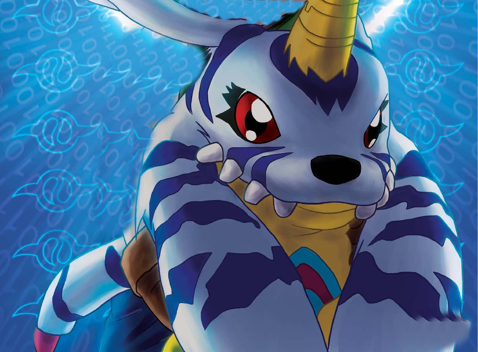 Gabumon, blue and white striped, red eyes, HD Desktop Wallpaper