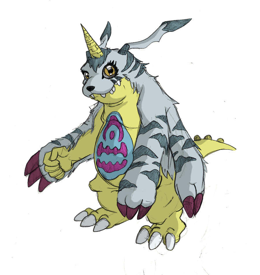 Gabumon, gray and yellow fur, golden horn, SD Phone Wallpaper