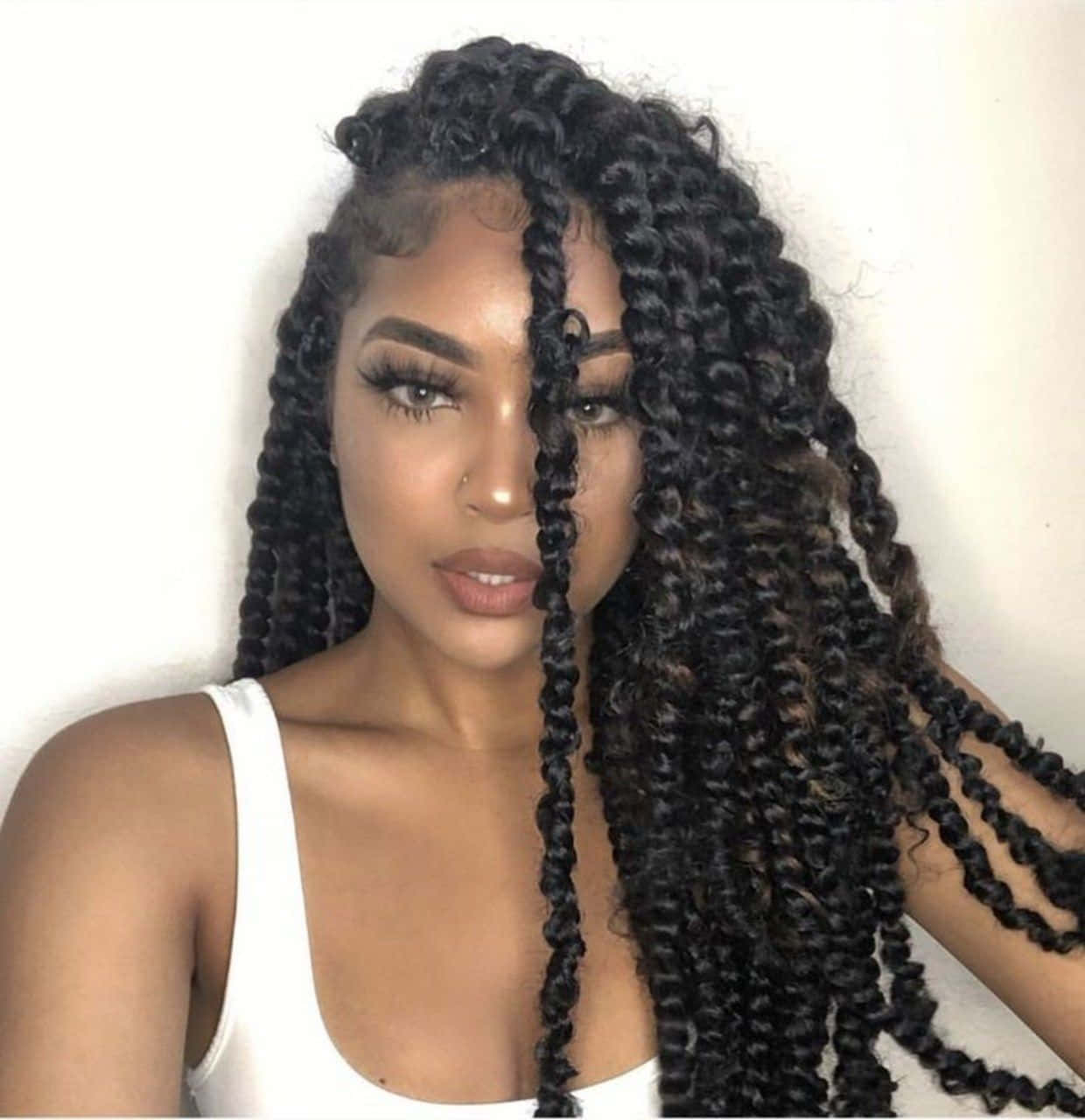 Black Baddie, voluminous dark curly braids, white tank top, HD Phone Wallpaper