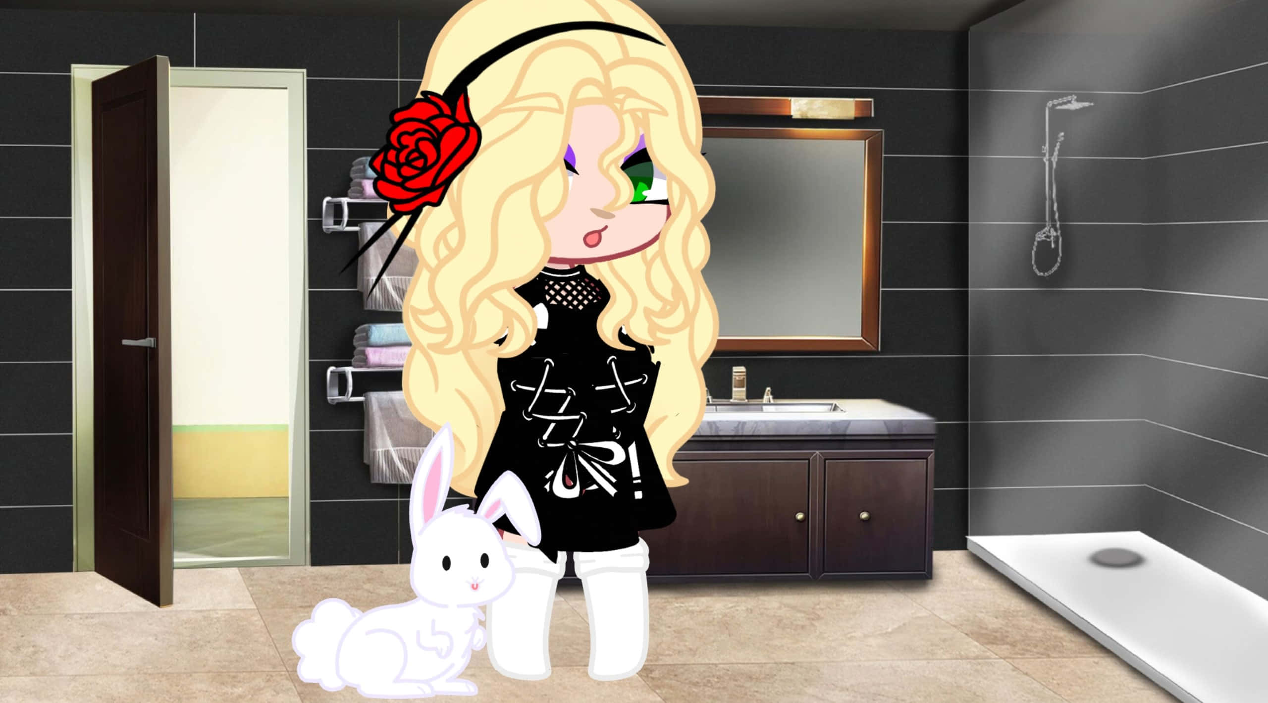 Gacha Baddie, bunny, modern bathroom, 2K Desktop Wallpaper