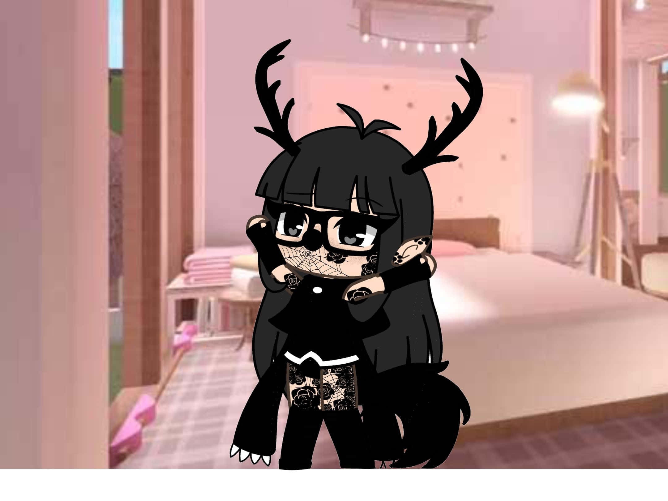 Gacha Baddie, black-haired anime girl, deer antlers, Full HD Desktop Wallpaper