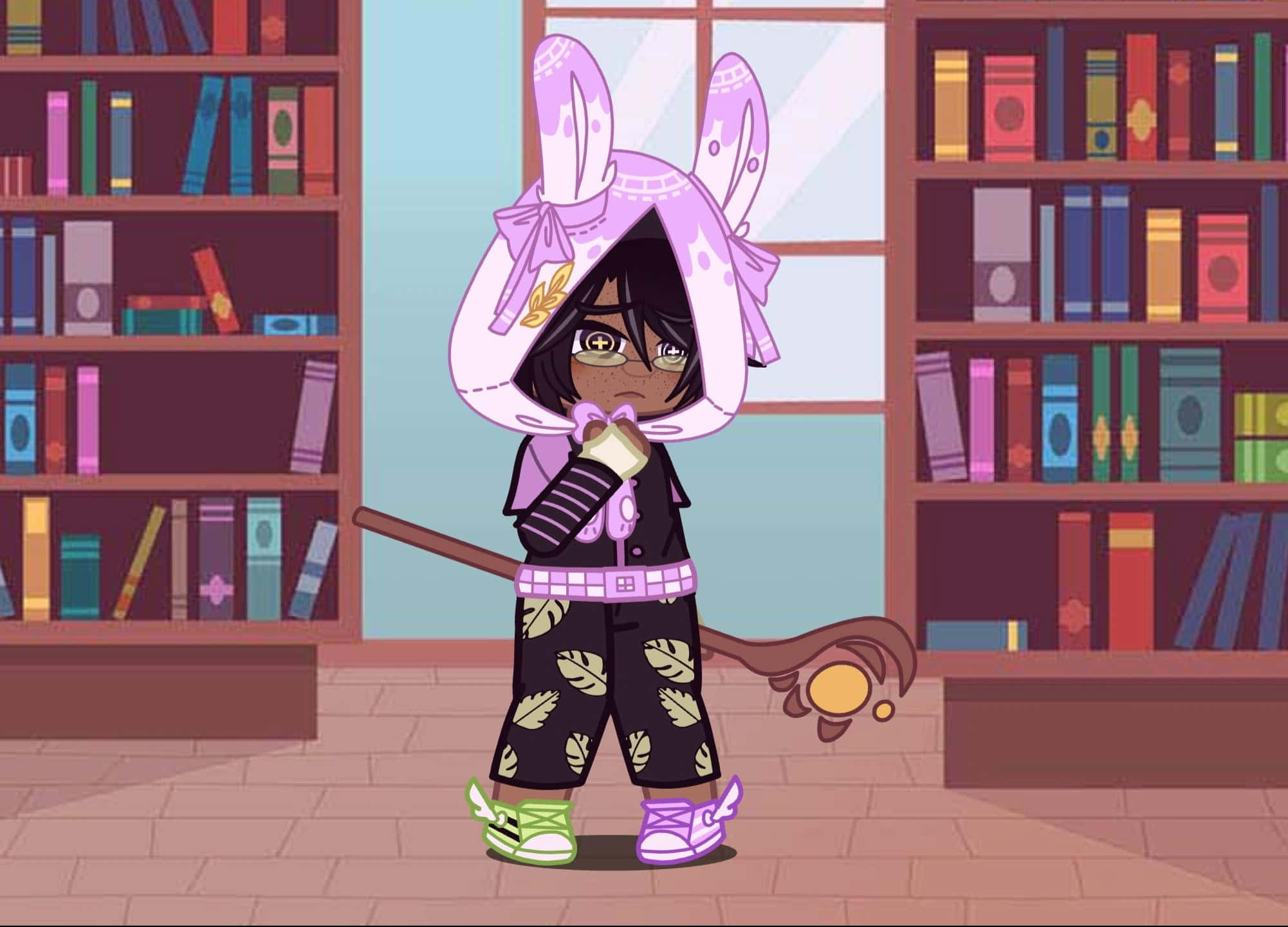Gacha Baddie, purple bunny hat, leaf-patterned pants, Full HD Desktop Wallpaper
