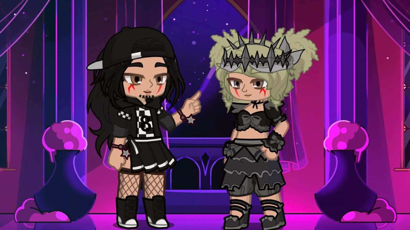 Gacha Baddie Characters Stage, gothic punk outfits, purple stage, HD Desktop Wallpaper