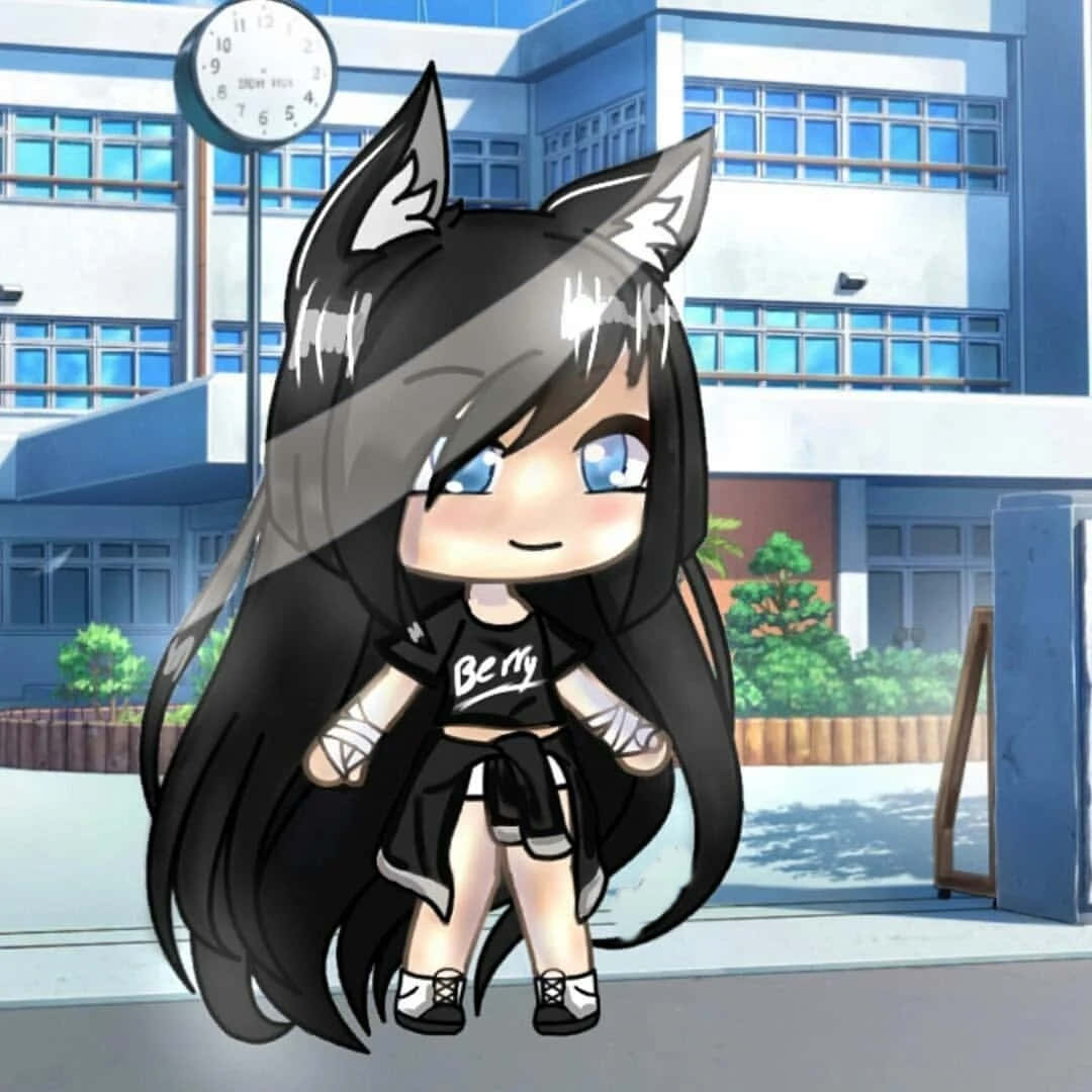 Gacha Club, chibi anime girl, black cat ears, SD Desktop Wallpaper