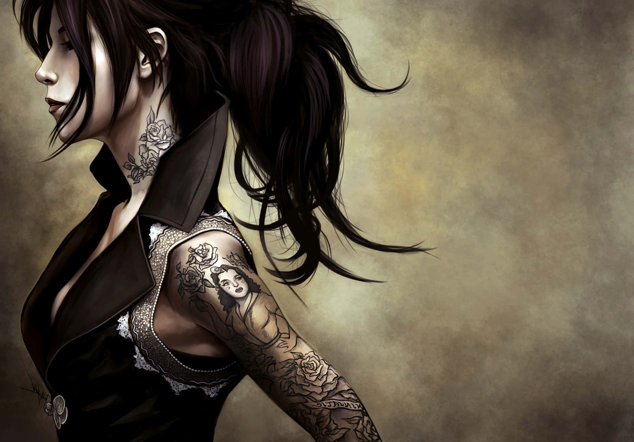 Cool Girl, rose tattoos, neck, Full HD Desktop Wallpaper