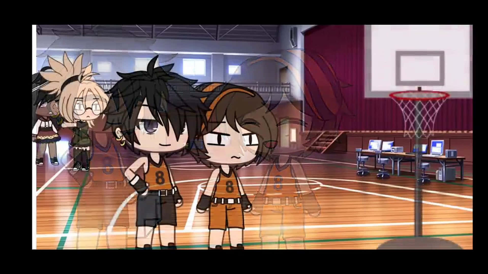 Gacha Life Bad Boy, chibi anime basketball players, orange jerseys, Full HD Desktop Wallpaper