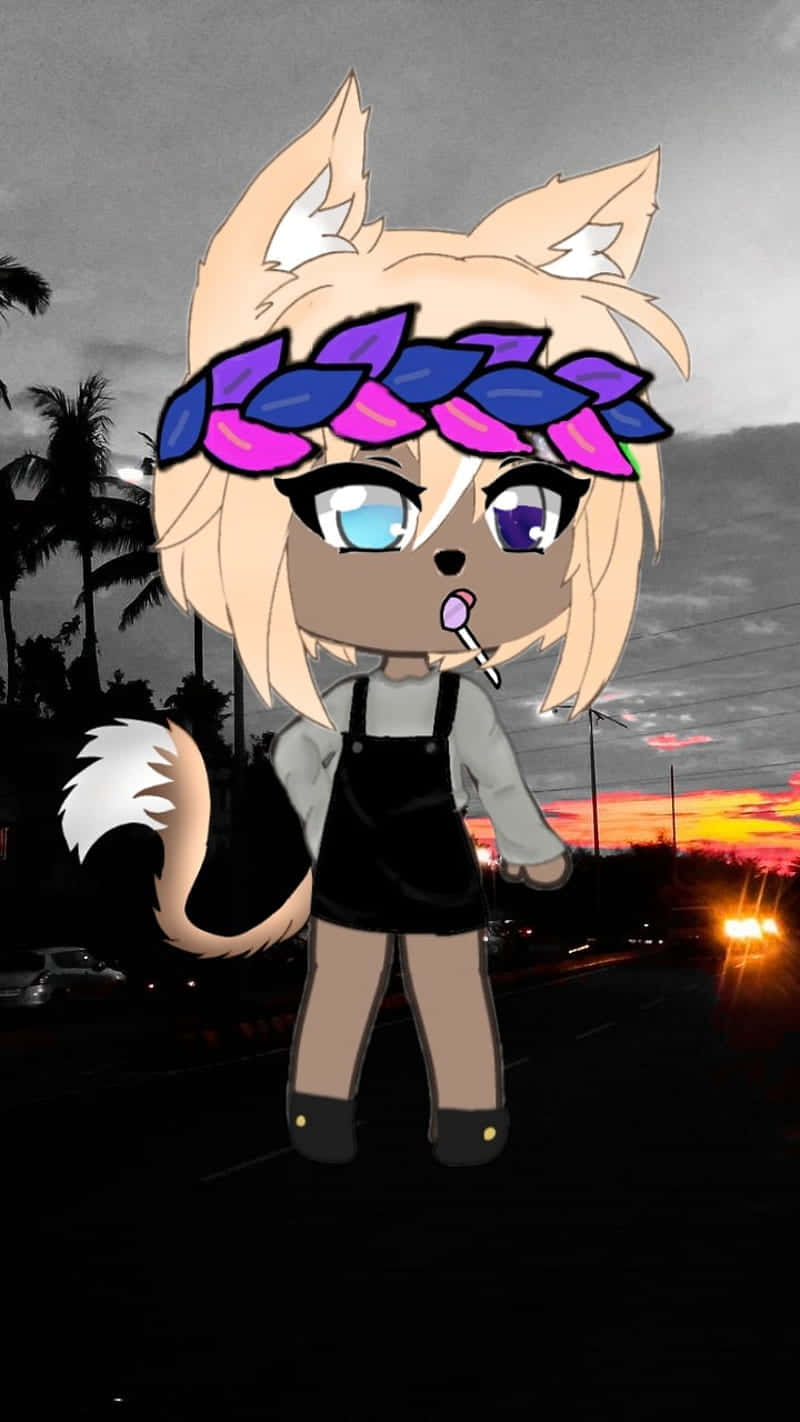Gacha Life Character, sunset backdrop, chibi fox girl, HD Phone Wallpaper