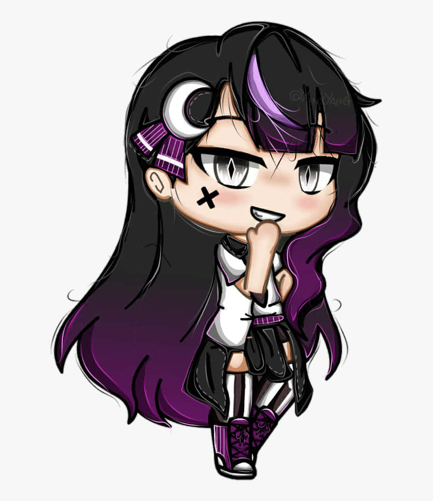 Gacha Life Tomboy, chibi anime girl, black and purple hair, SD Phone Wallpaper