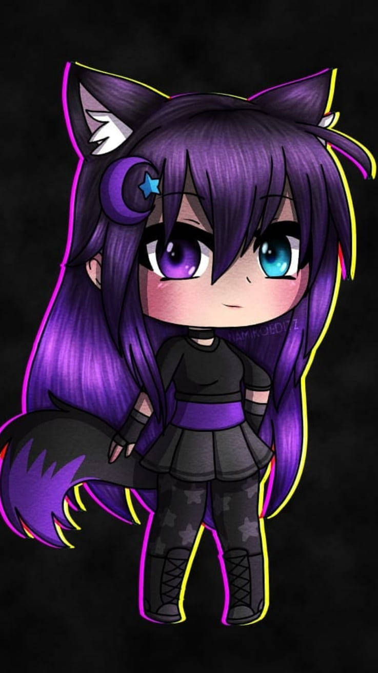 Gacha Life, purple wolf girl, chibi anime girl, HD Phone Wallpaper