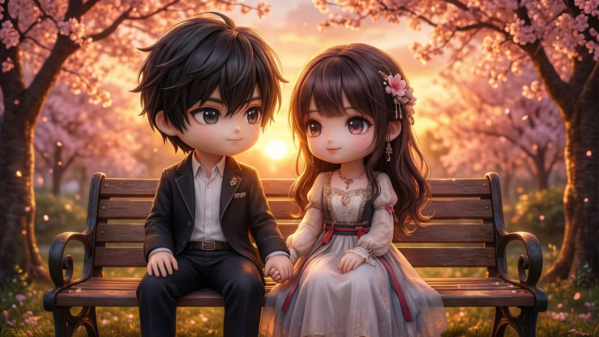 chibi anime couple, wooden bench, blooming cherry trees, Full HD Desktop Wallpaper