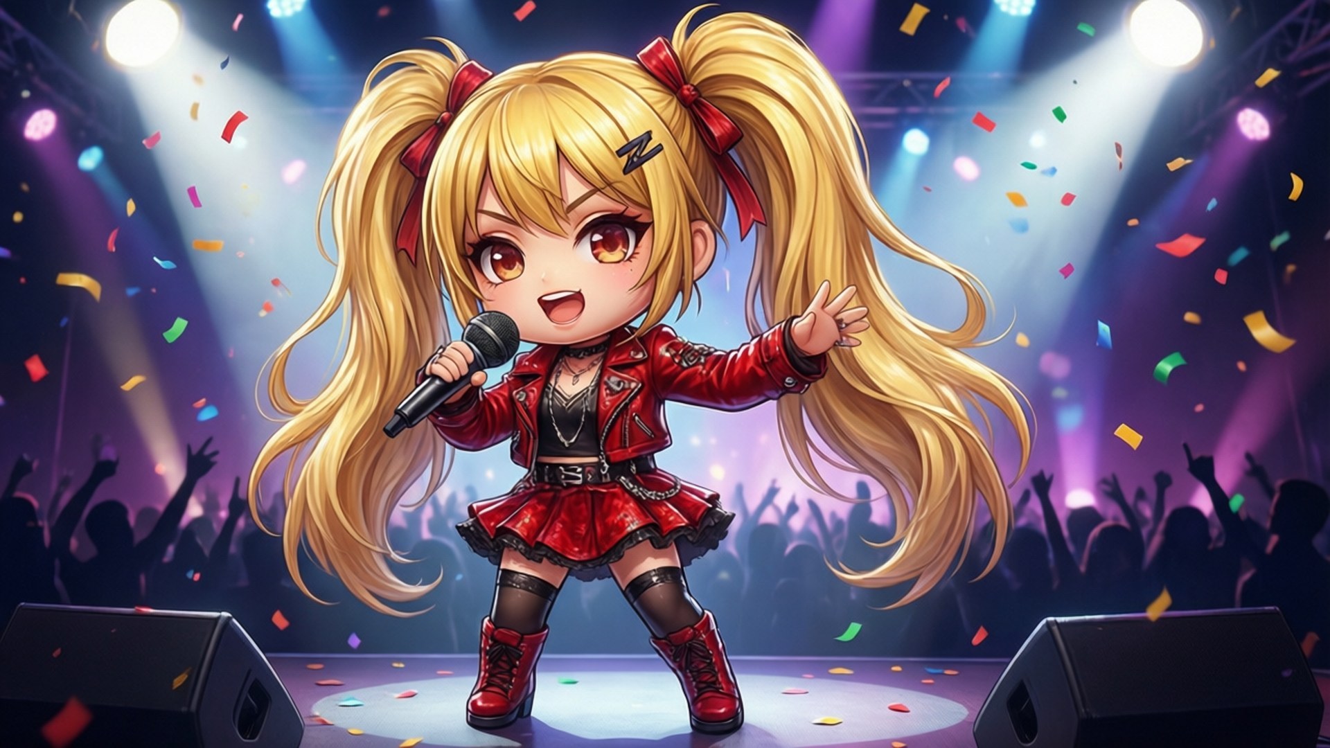 chibi anime girl, blonde pigtails, red outfit, Full HD Desktop Wallpaper
