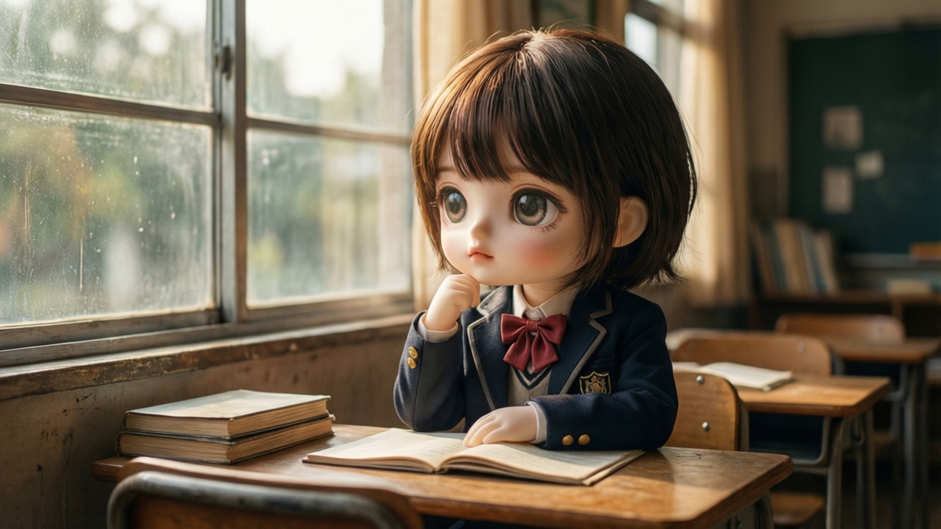 chibi-style girl, school uniform, wooden desk, Full HD Desktop Wallpaper