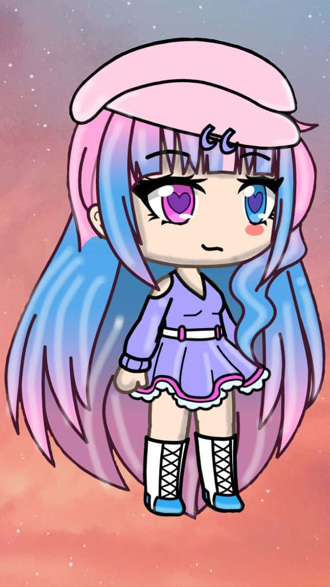 Gacha Girl, pink and blue hair, pink beret, SD Phone Wallpaper