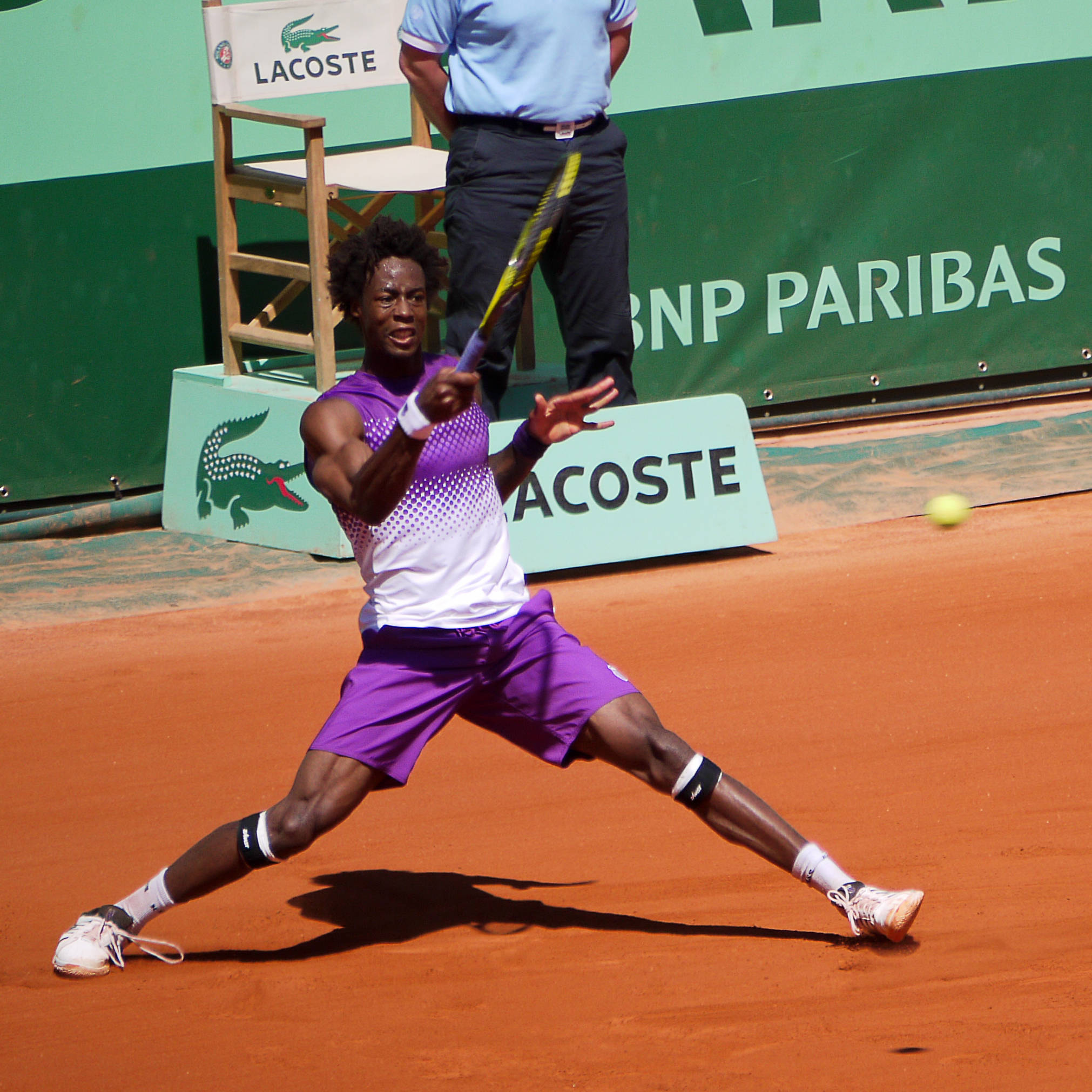 Gael Monfils, purple gear, sunlit clay court, Full HD Desktop Wallpaper