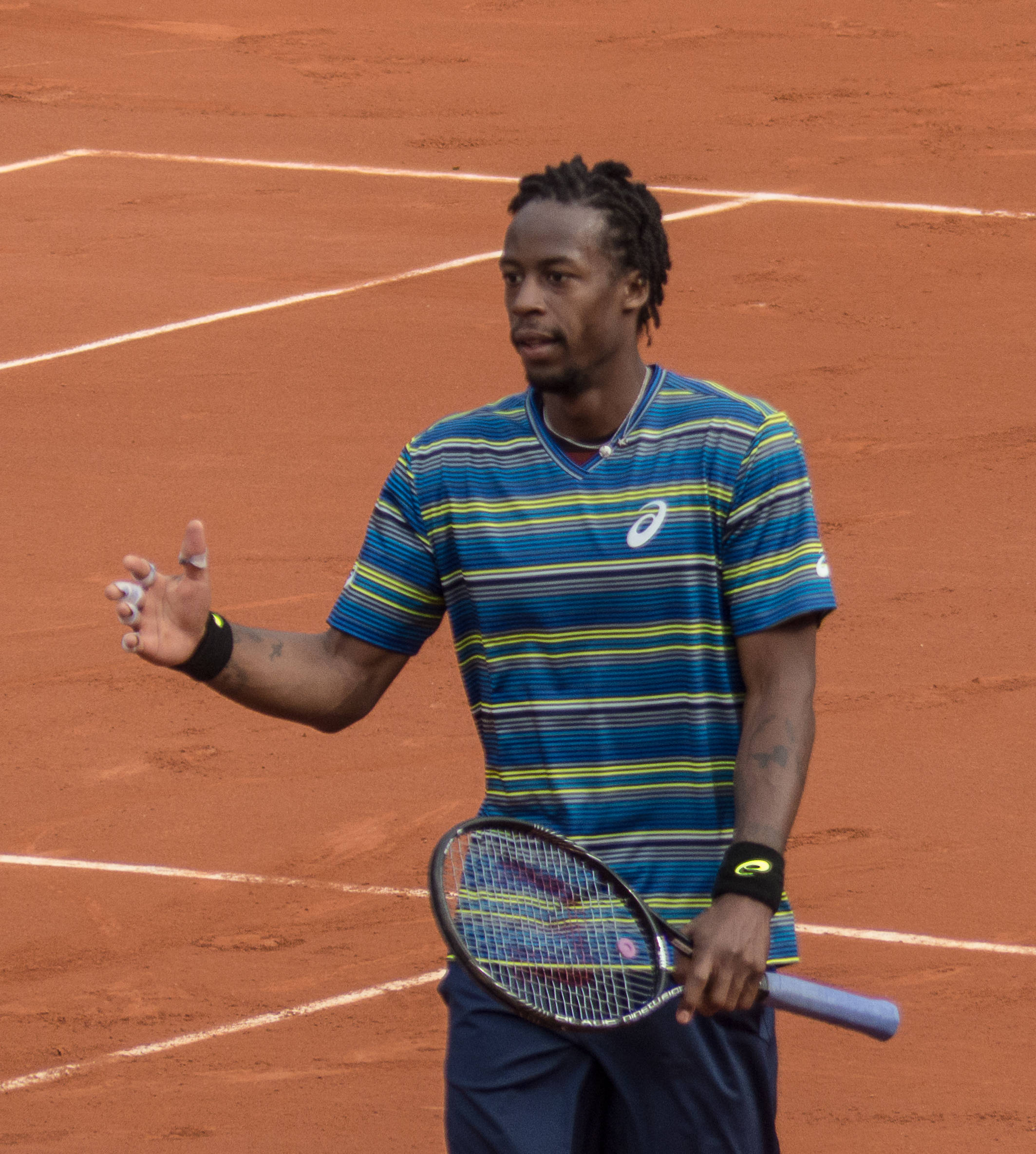 Gael Monfils, striped shirt, red clay court, Full HD Phone Wallpaper