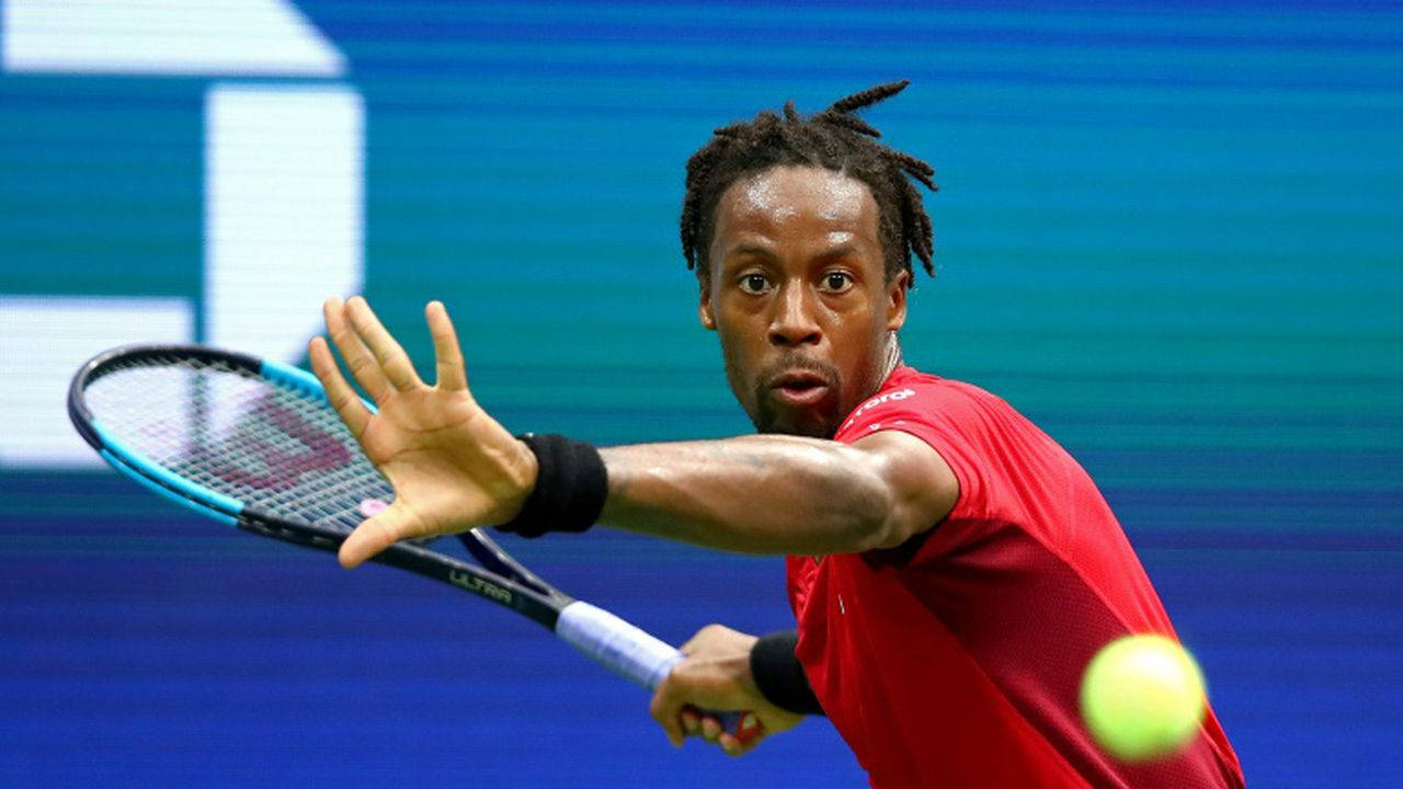 Gael Monfils, red shirt, yellow ball, HD Desktop Wallpaper