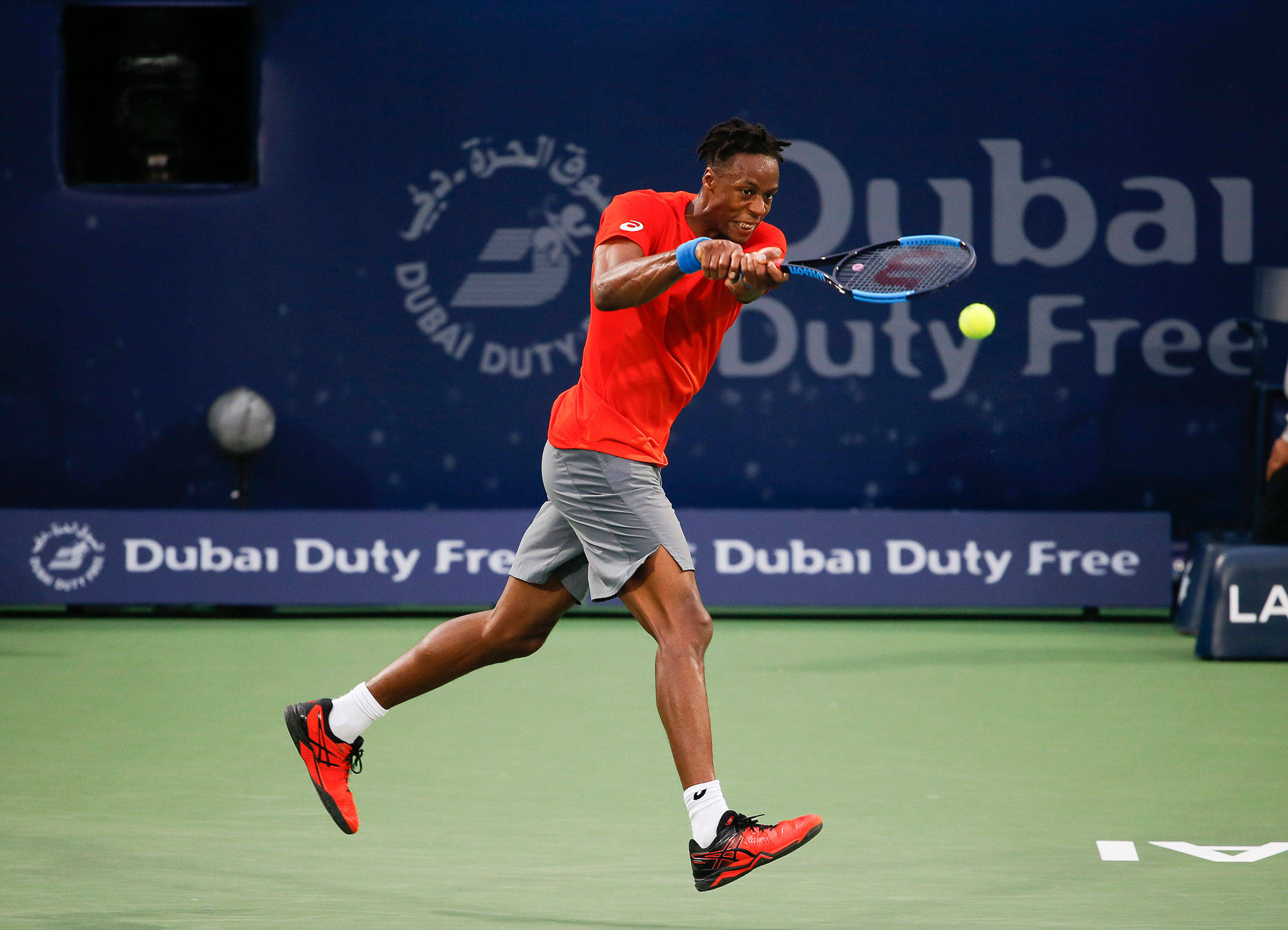 Gael Monfils, red shirt, gray shorts, Full HD Desktop Wallpaper