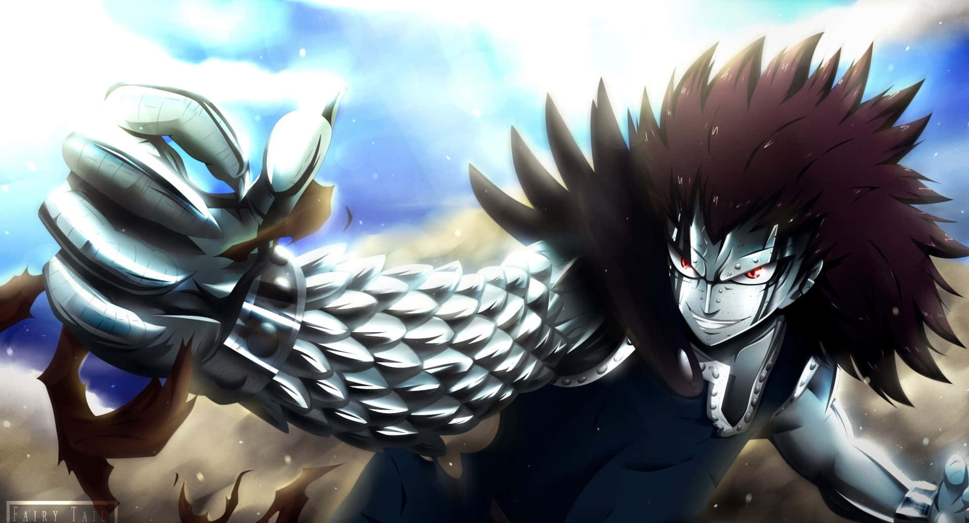 Gajeel Redfox, spiky dark hair, glowing red eyes, HD Desktop Wallpaper