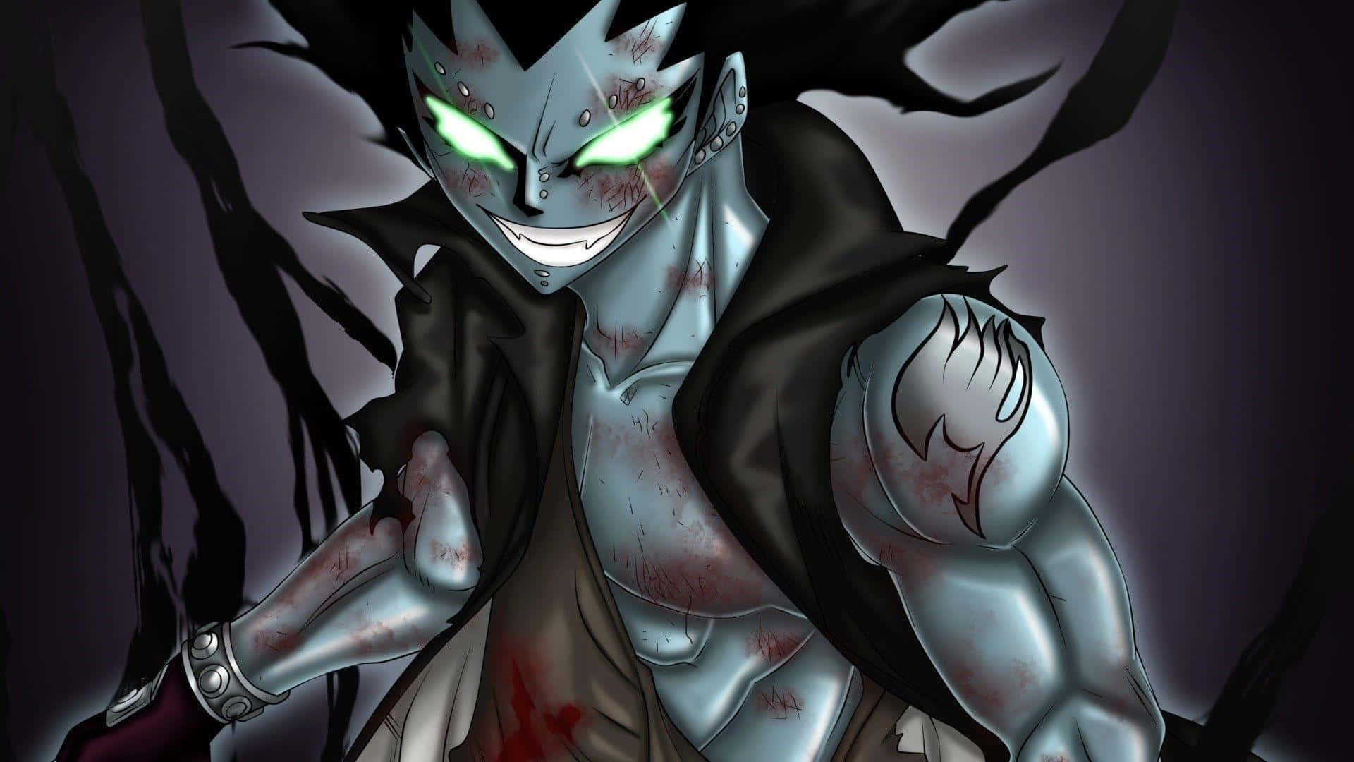 Gajeel Redfox, glowing green eyes, bloodied silver skin, Full HD Desktop Wallpaper