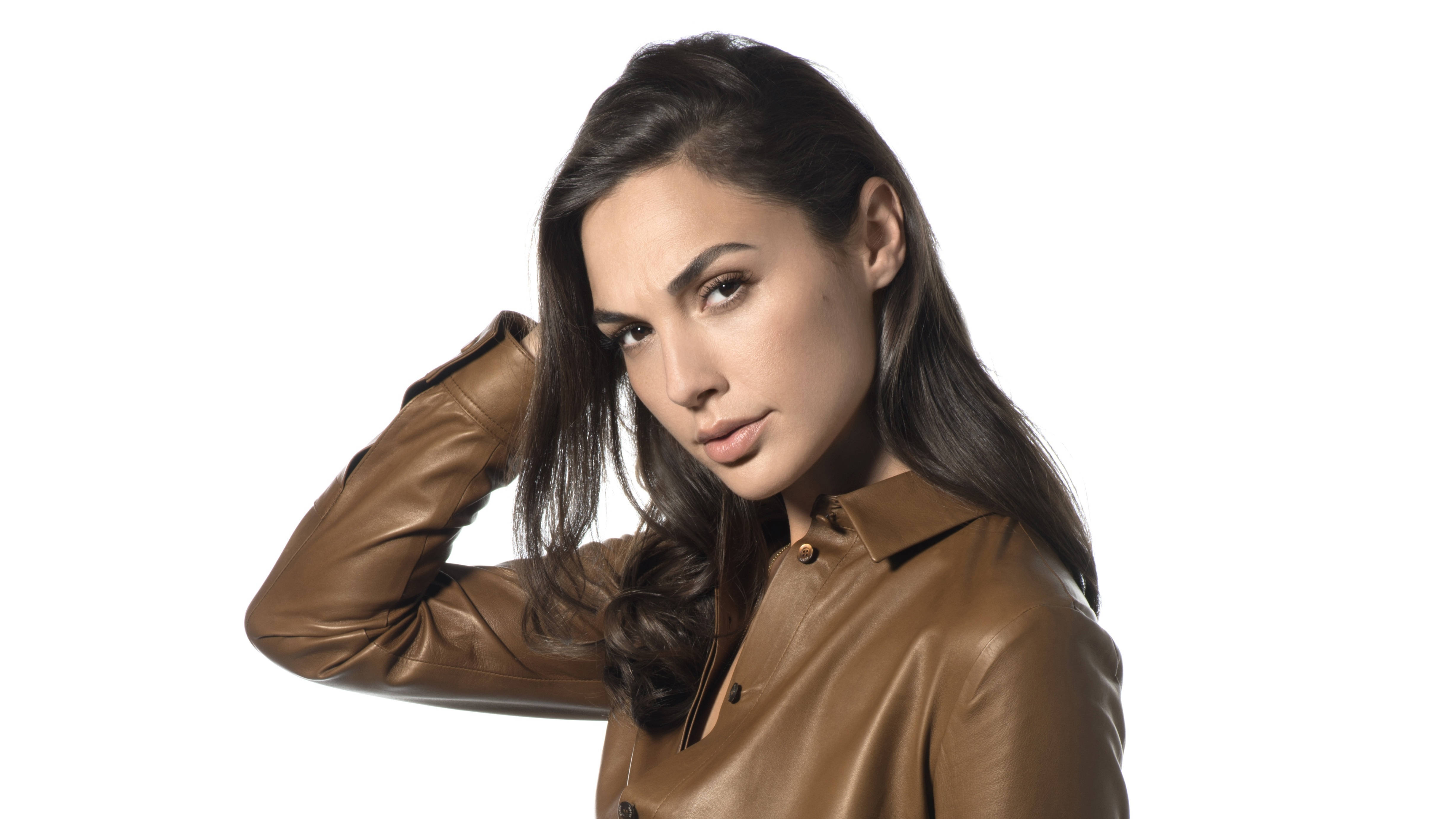 Gal Gadot, leather jacket, brown leather, 4K Desktop Wallpaper