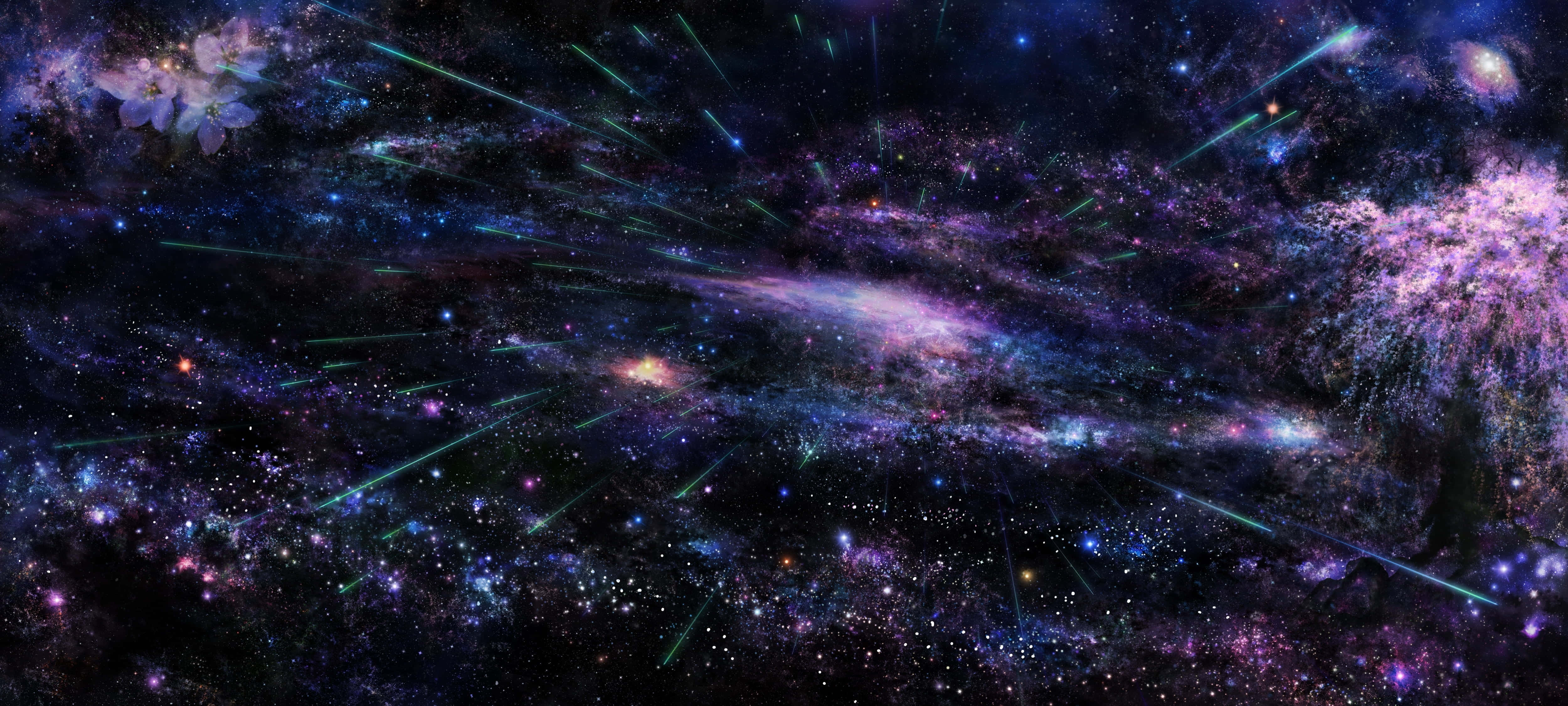purple pink and blue hues, cosmic nebula, streaking meteors, 4K Desktop Wallpaper