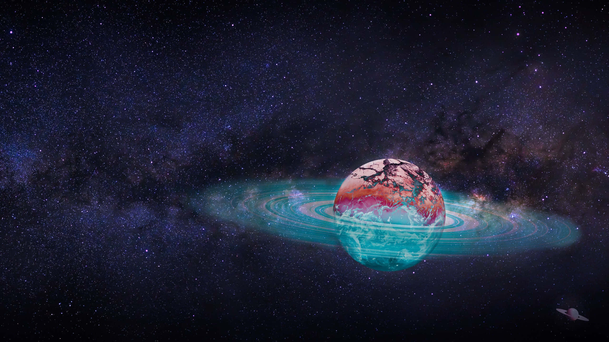 teal rings, alien planet, starry cosmic expanse, 2K Desktop Wallpaper