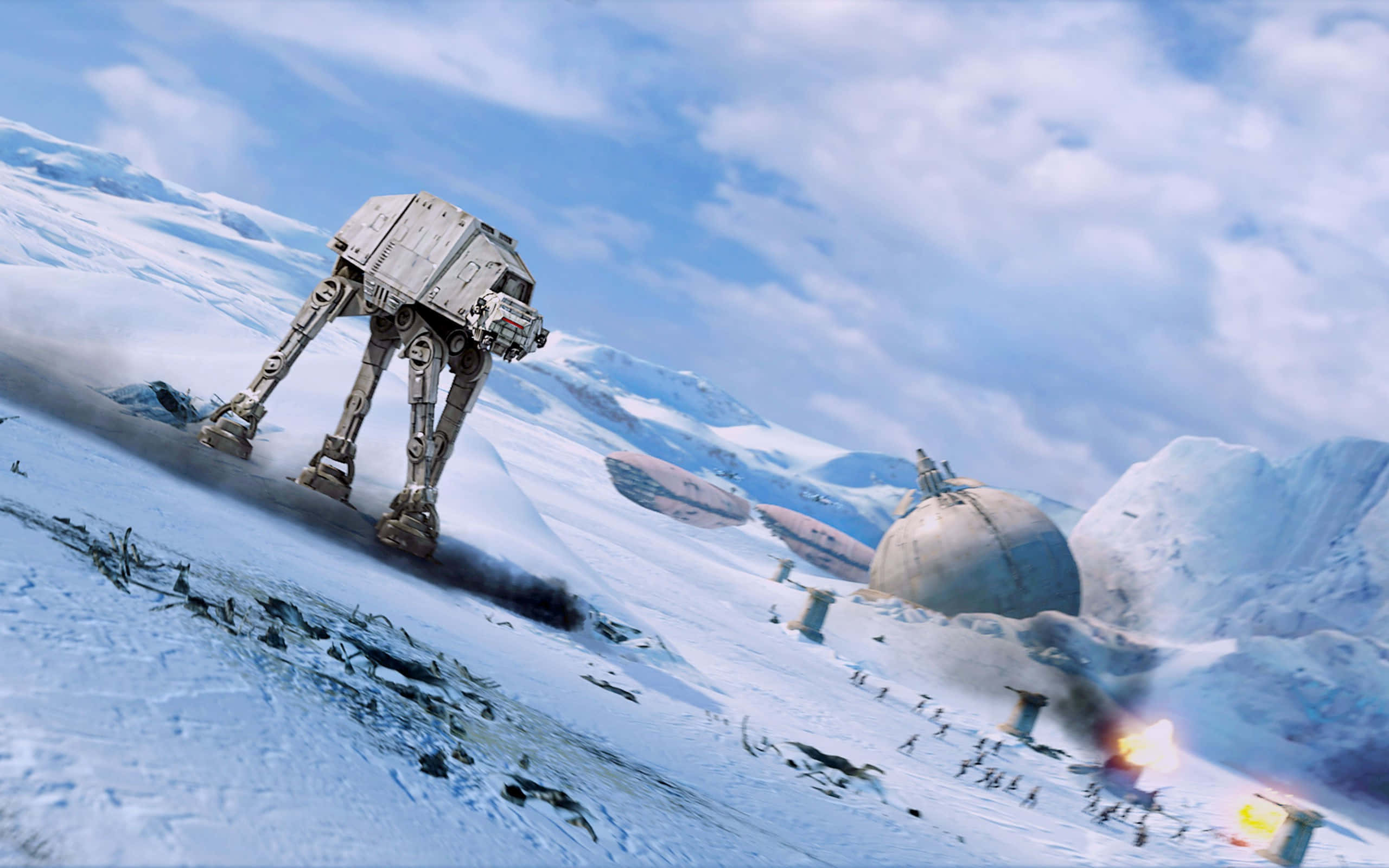 AT-AT, snowy mountainous landscape, bright blue sky, 2K Desktop Wallpaper