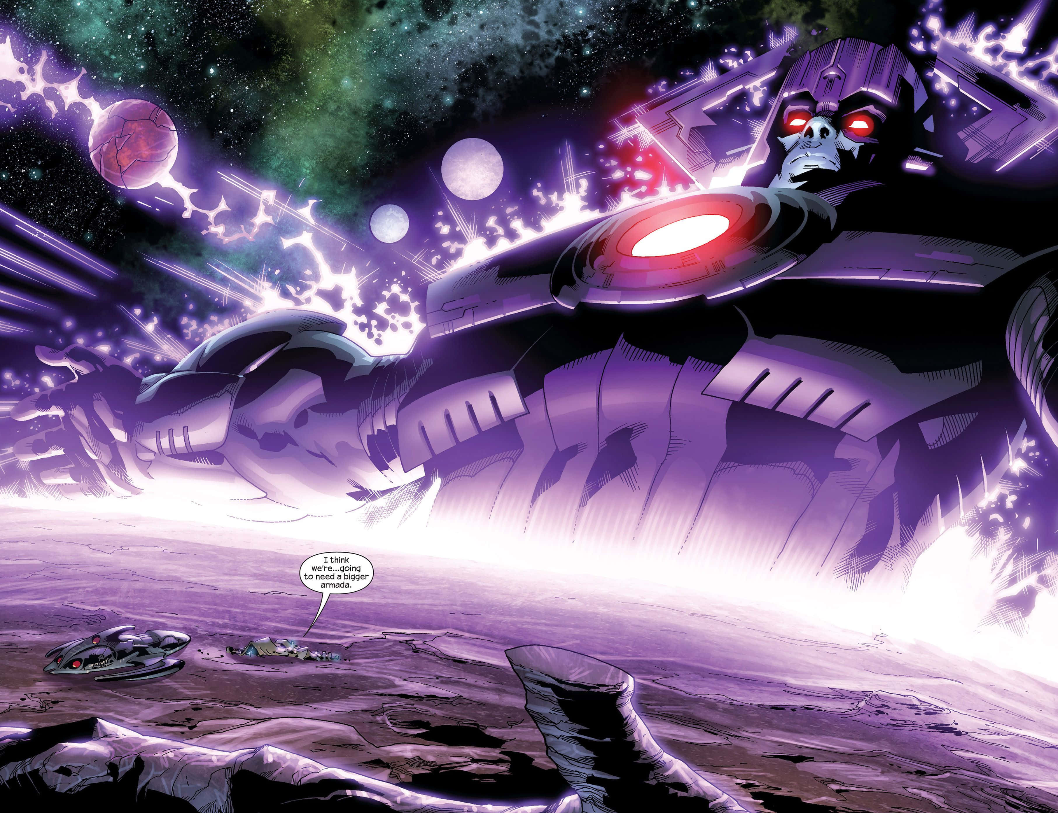 Galactus, purple robotic god, glowing red eyes, 2K Desktop Wallpaper