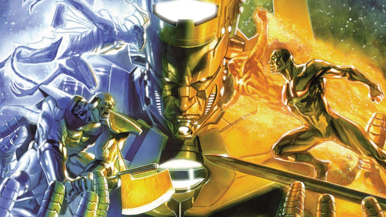 Galactus, cosmic backdrop, three armored superheroes, SD Desktop Wallpaper