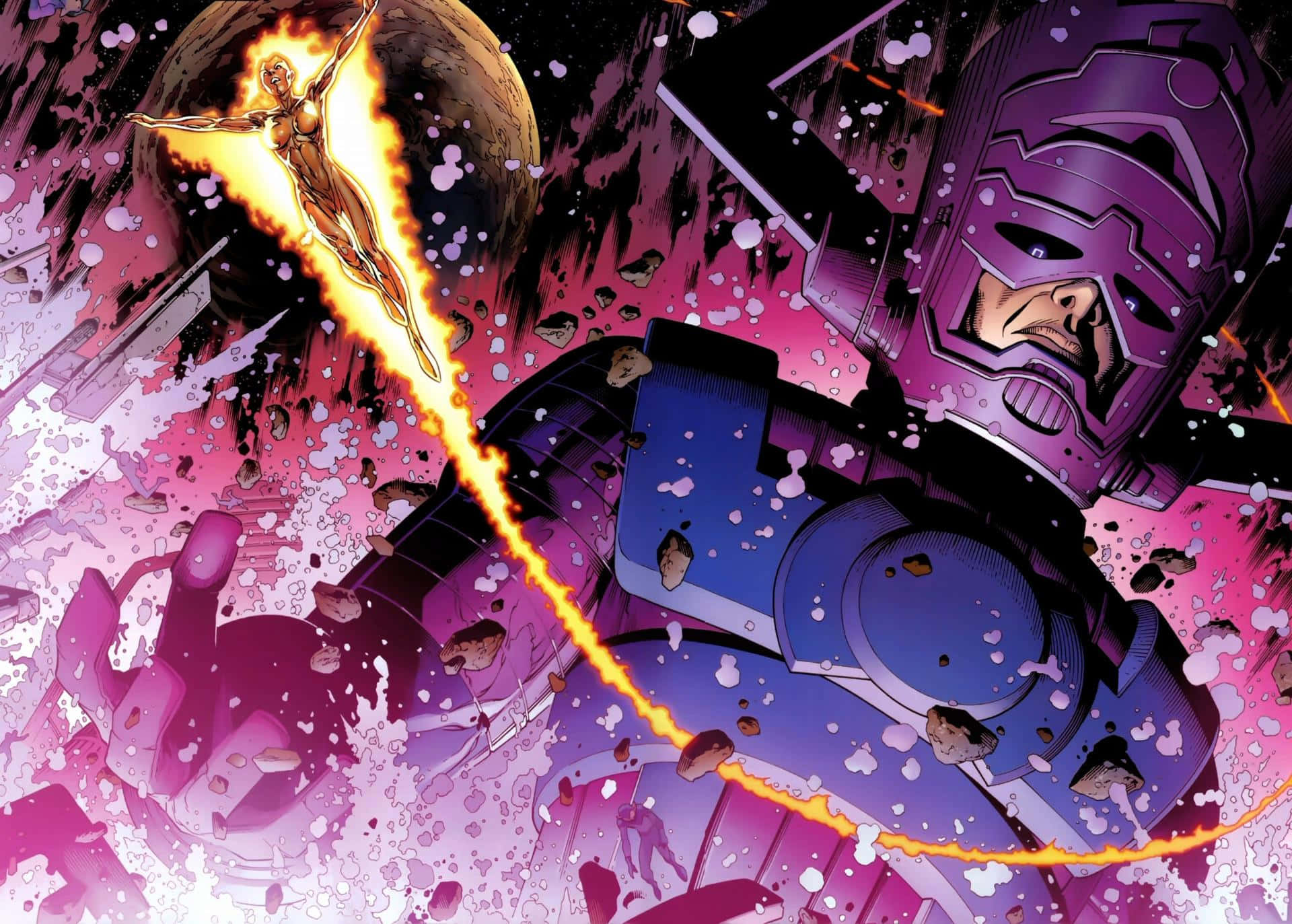 Galactus, golden humanoid figure, fiery beam, Full HD Desktop Wallpaper